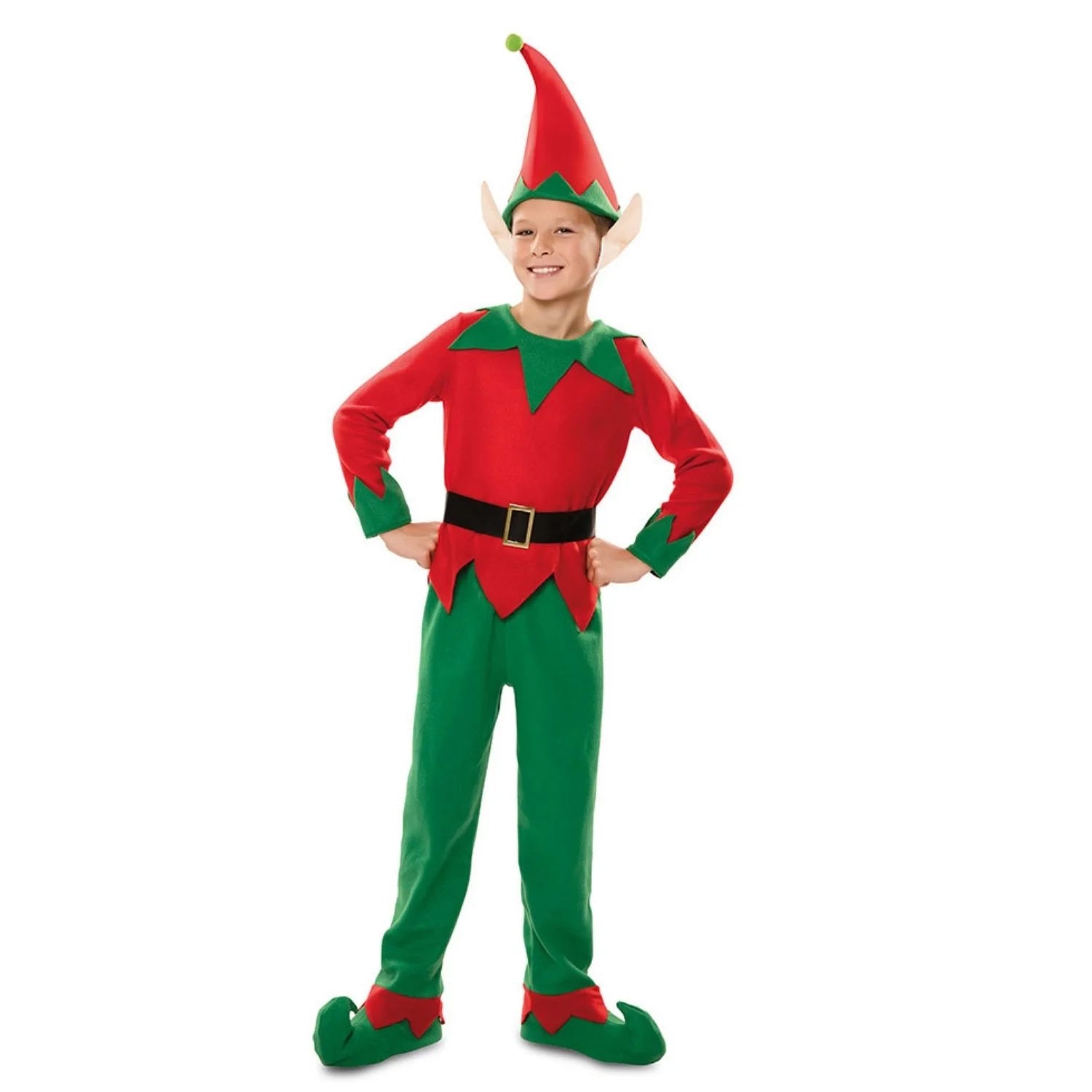 Niño con disfraz de elfo navideño rojo y verde con sombrero y orejas