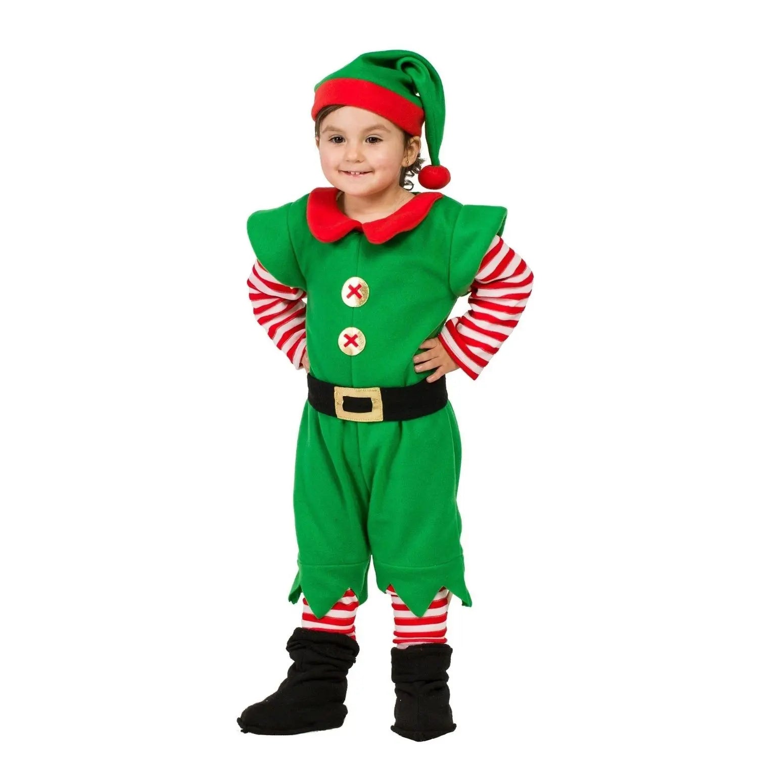 Disfraz de elfo para bebé con gorro, mono verde, cinturón y cubrebotas navideños