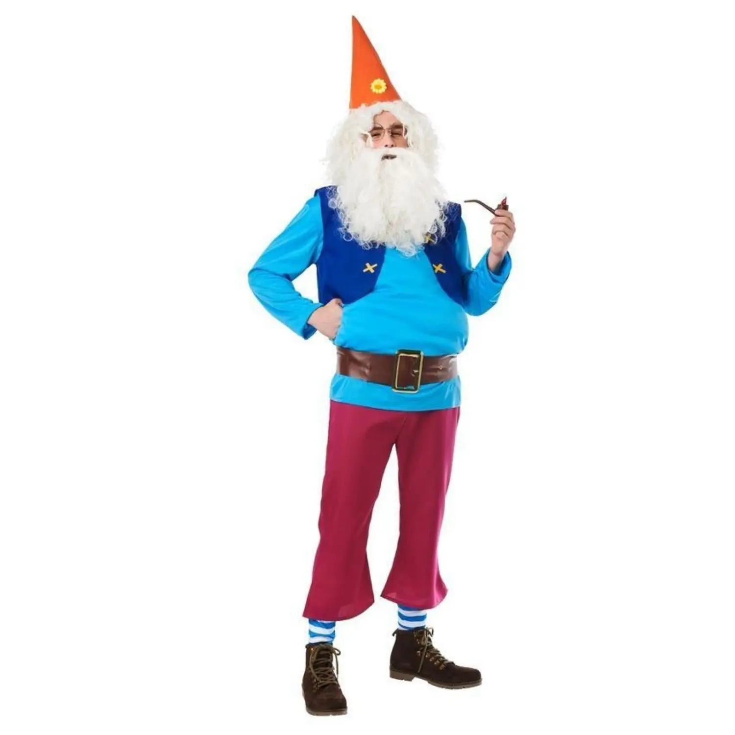 Disfraz de enanito azul para adulto con gorro camisa chaleco cinturón pantalón y calcetas
