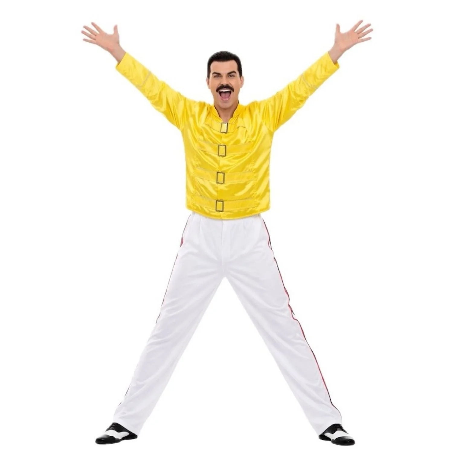 Disfraz de Freddie Mercury para hombre con chaqueta amarilla y pantalon blanco