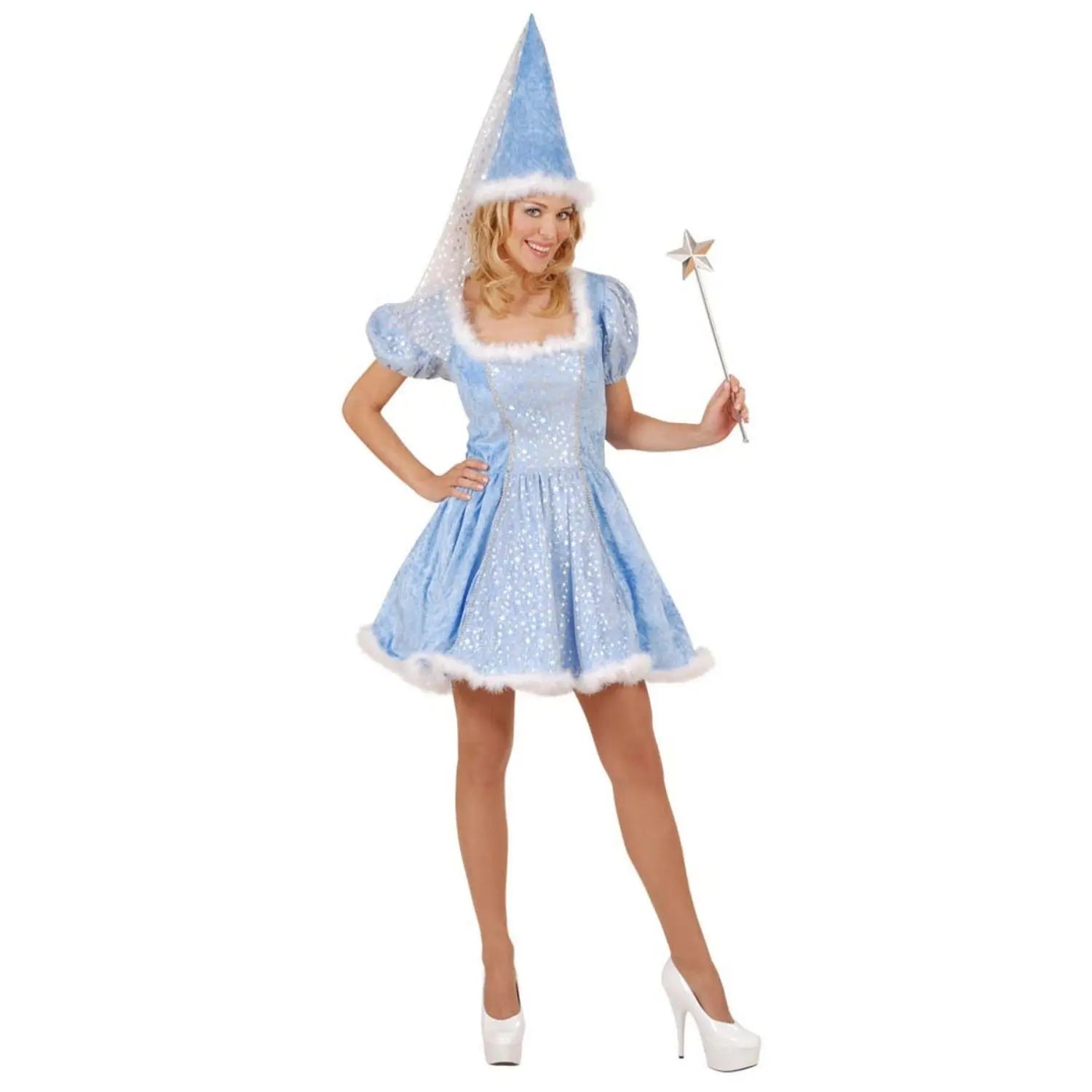 Disfraz de Hada con Estrellas con vestido azul brillante y gorro con velo