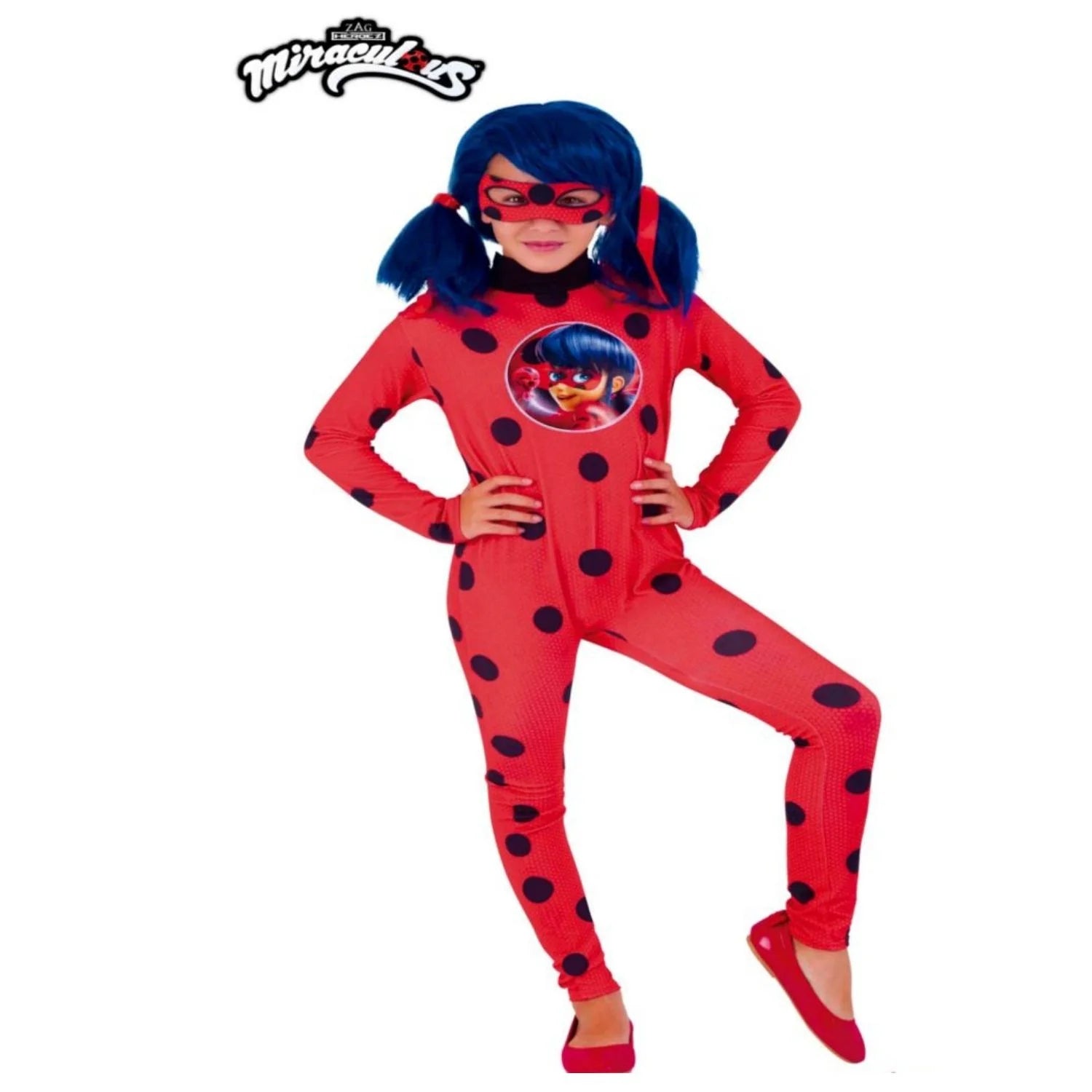 Niña con disfraz de Ladybug Aventurera infantil rojo con lunares negros y máscara