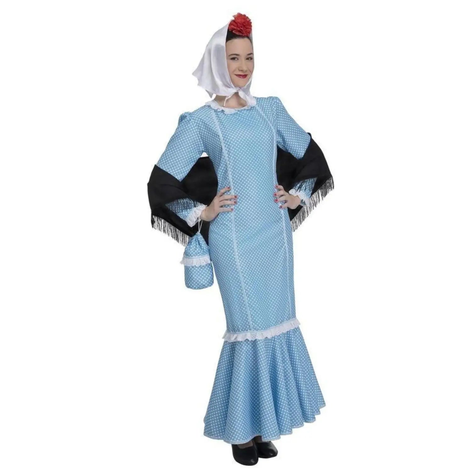 Disfraz de madrileña azul para mujer con vestido, mantón, pañuelo y bolsito