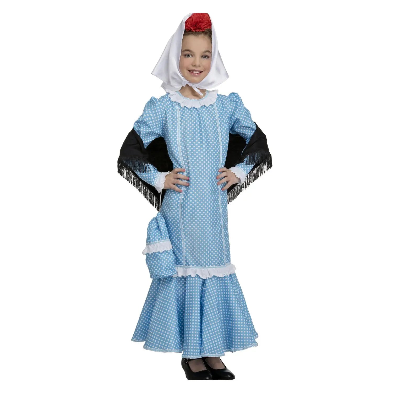 Disfraz de madrileña azul para niña con vestido, mantón, pañuelo y bolsito