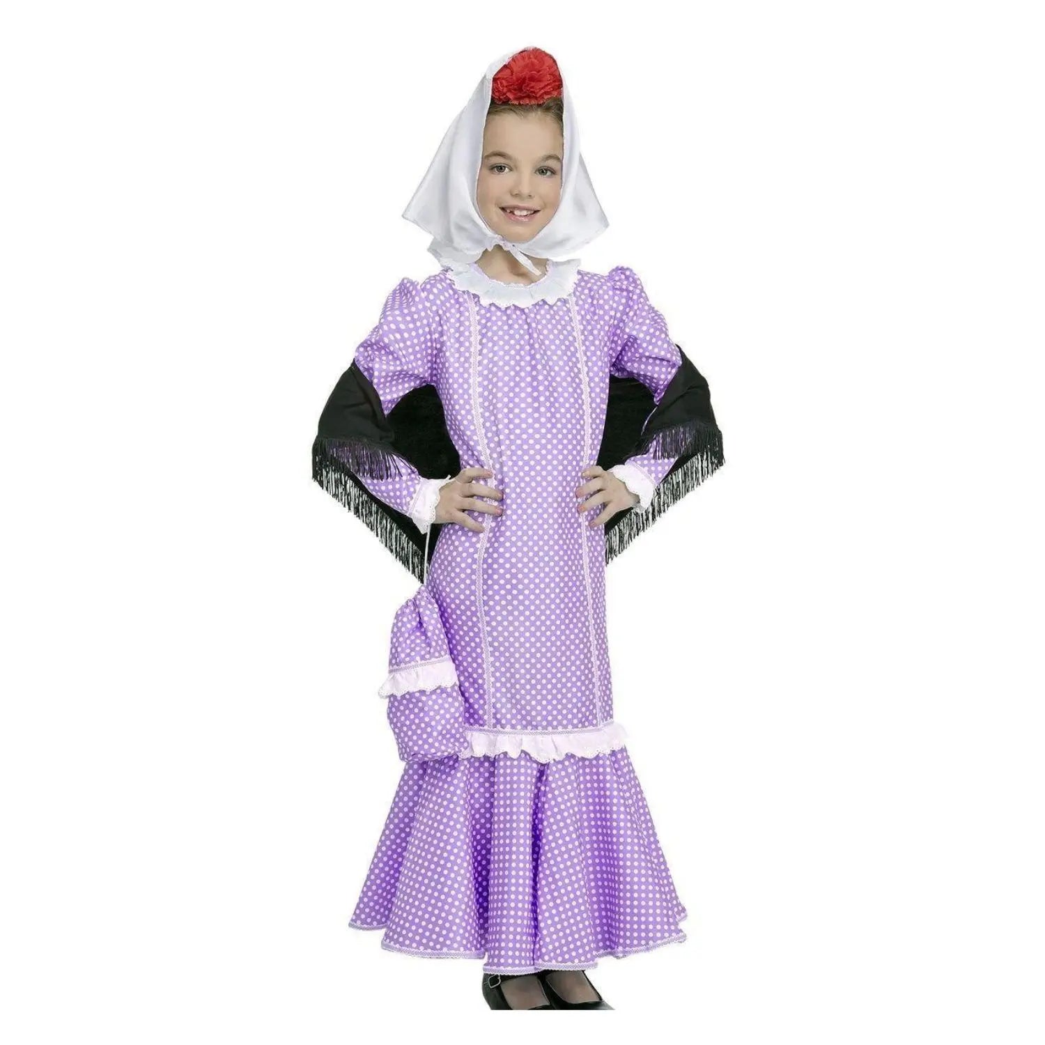 Disfraz de madrileña lila para niña con vestido, mantón, pañuelo y bolsito