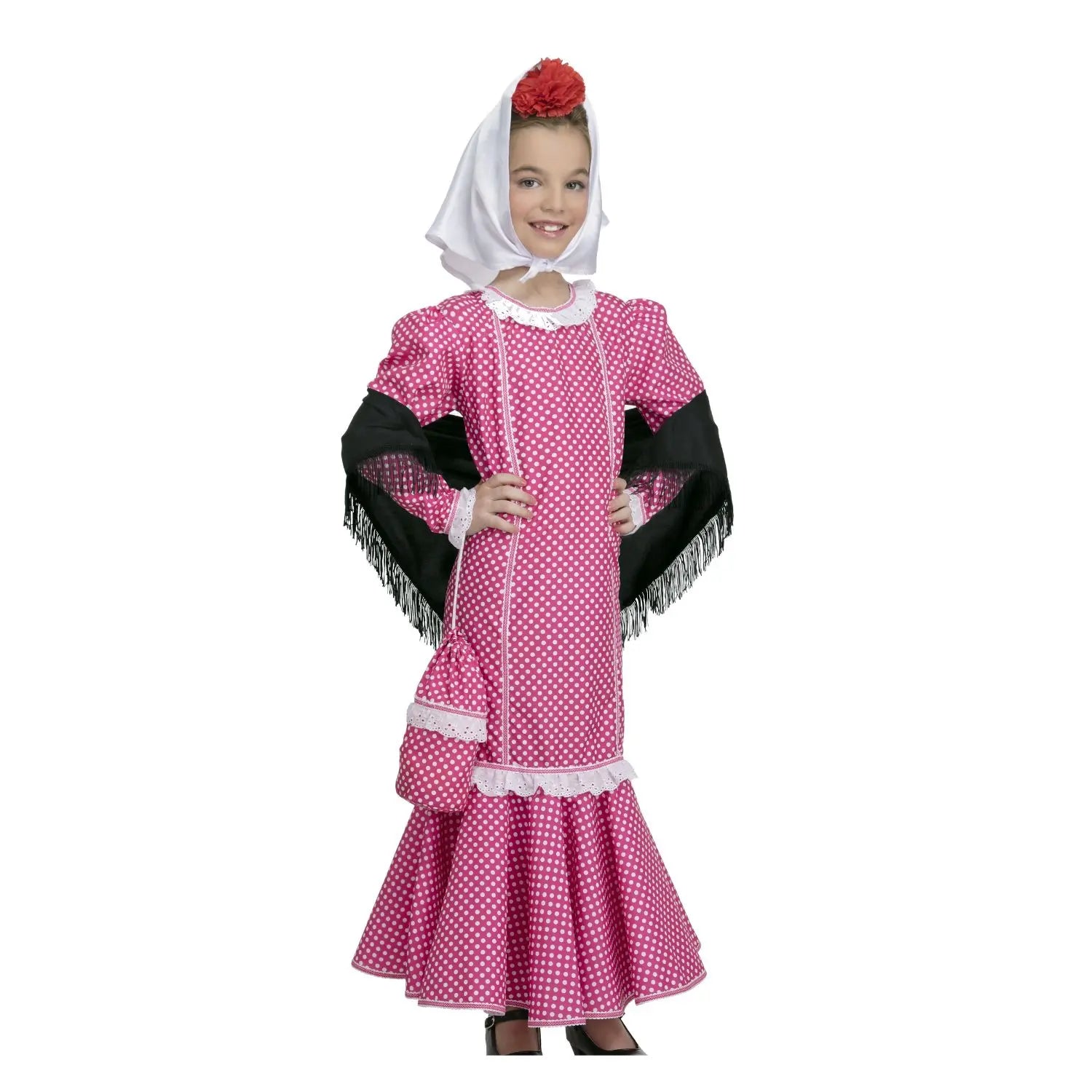 Disfraz de madrileña rosa para niña con vestido, mantón, pañuelo y bolsito
