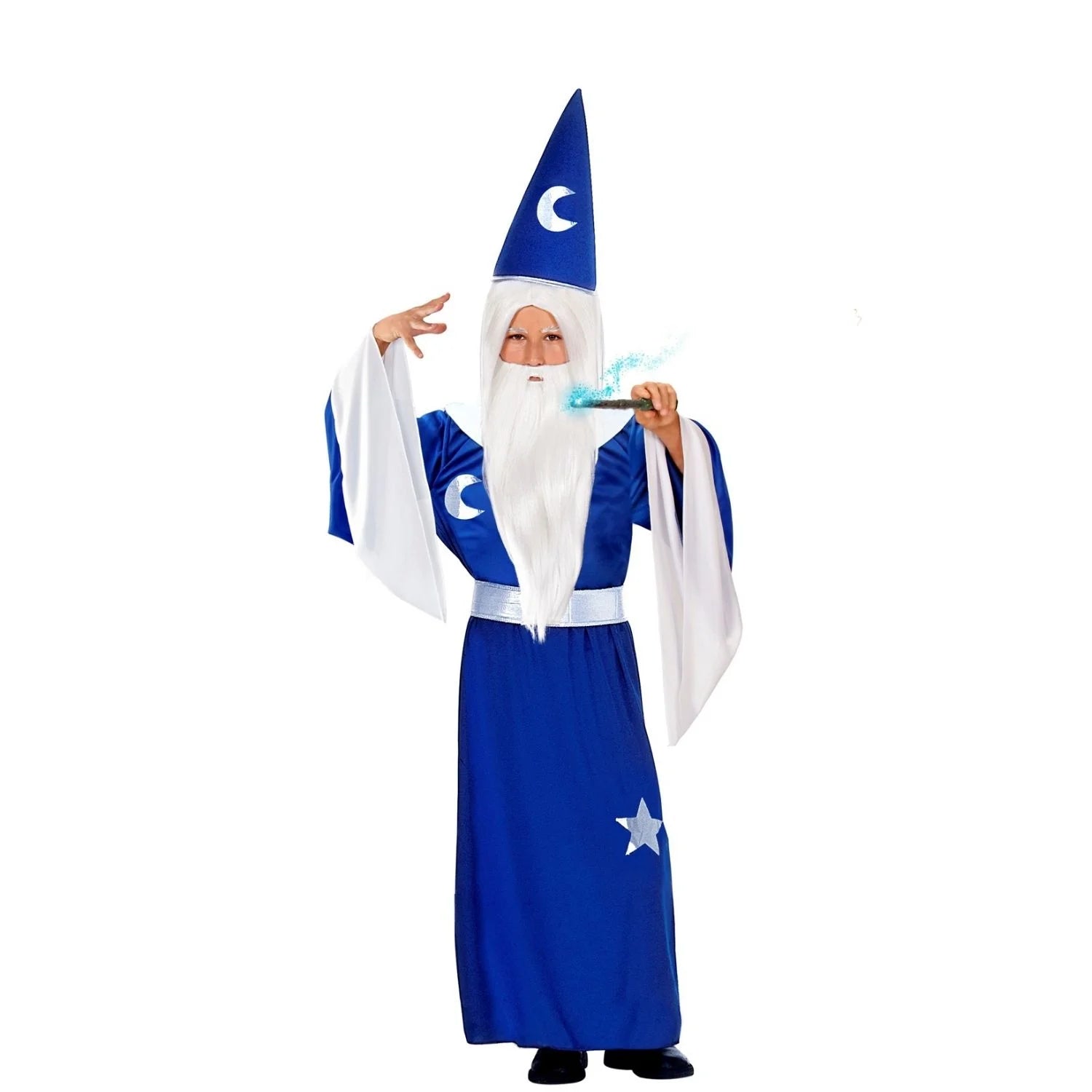 Disfraz de Mago Merlin infantil con túnica azul y sombrero de hechicero