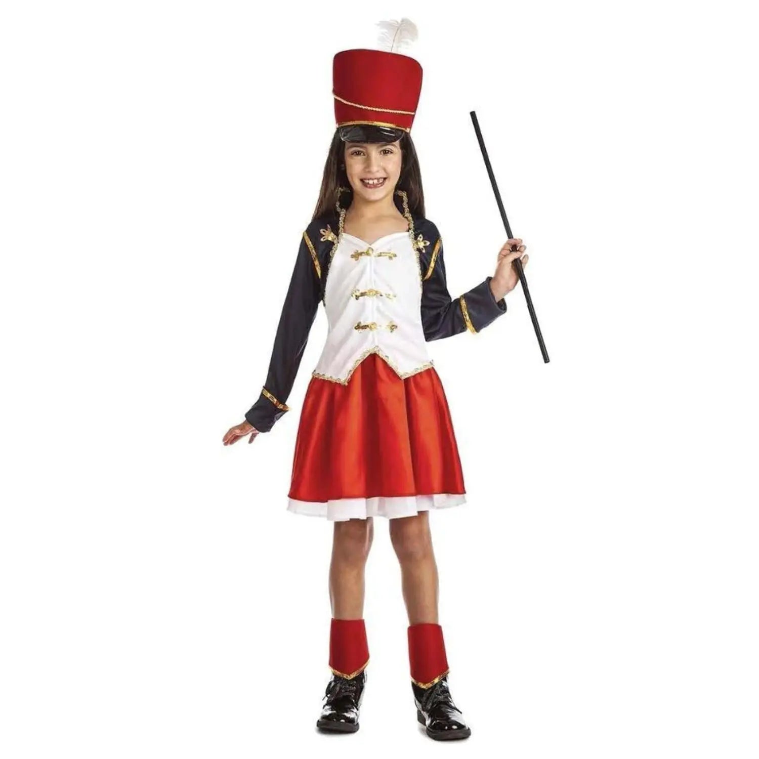 Disfraz de majorette infantil con chaqueta roja, falda con enagua, cubrebotas y sombrero de desfile
