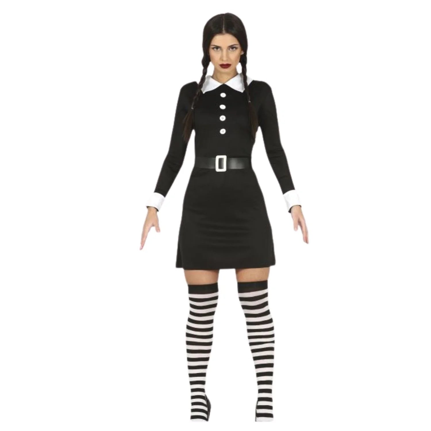 Disfraz de Miércoles Addams mujer con vestido negro y cinturón