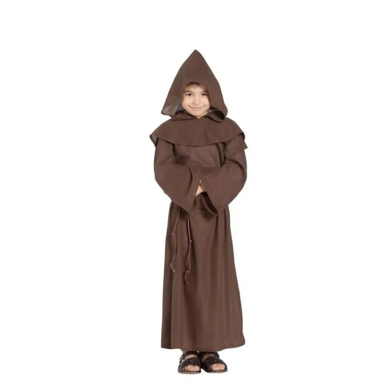 Disfraz de monje para niño con túnica marrón, capucha y cinturón medieval