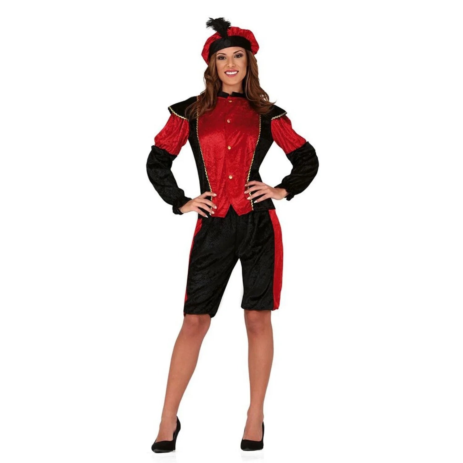 Mujer con disfraz de paje rojo navideño con gorro, camisa y pantalón ideal para cabalgata