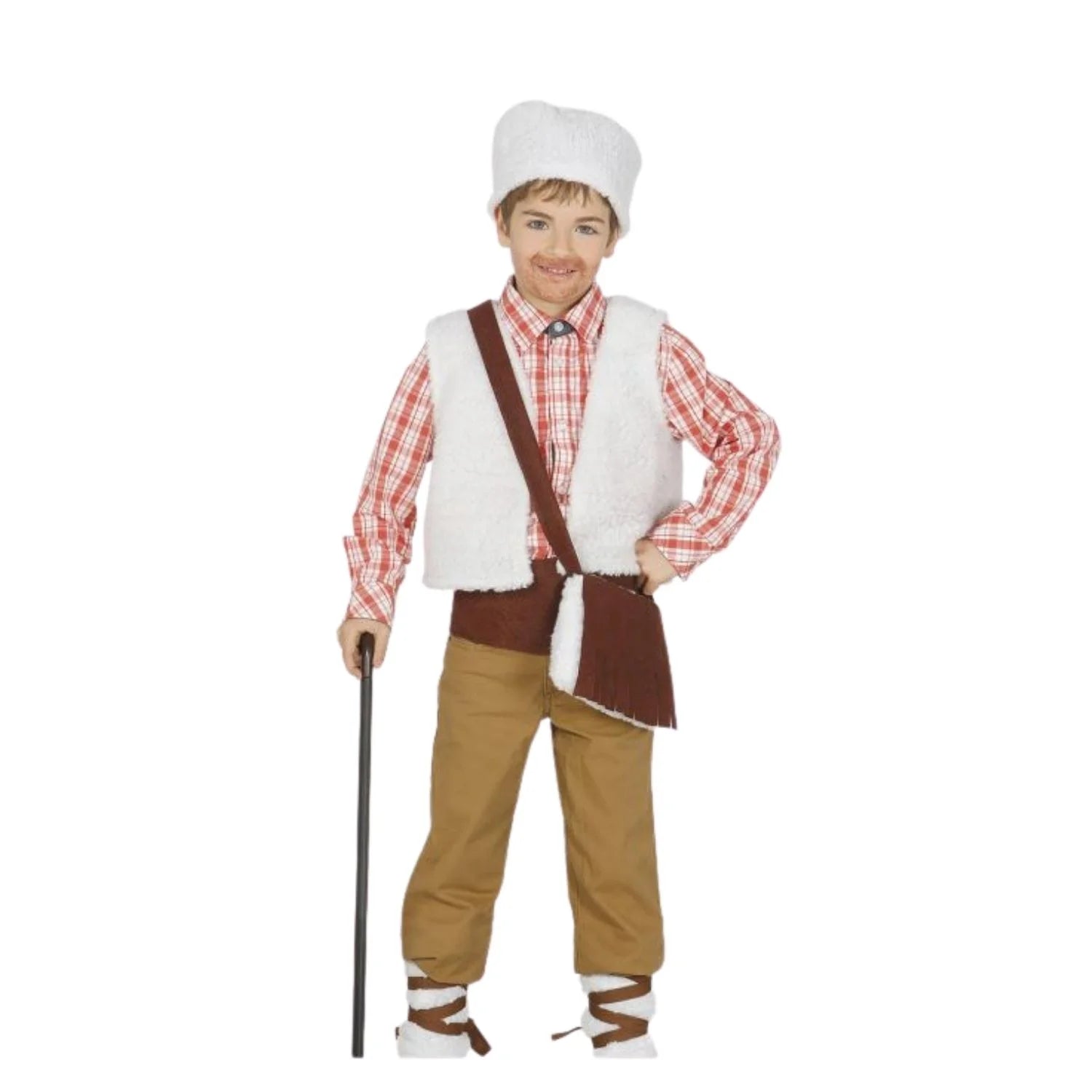 Disfraz de pastorcillo para niño con chaleco, gorro y bolsa ideal para Belén navideño