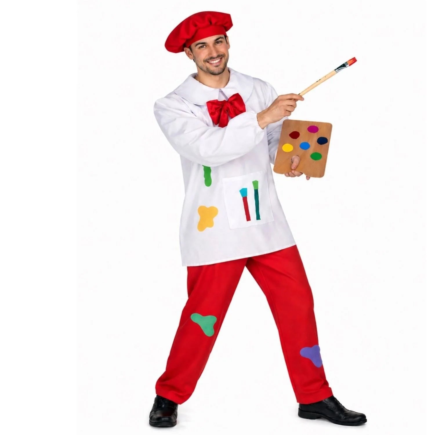 Disfraz de pintor adulto con bata y gorro rojo