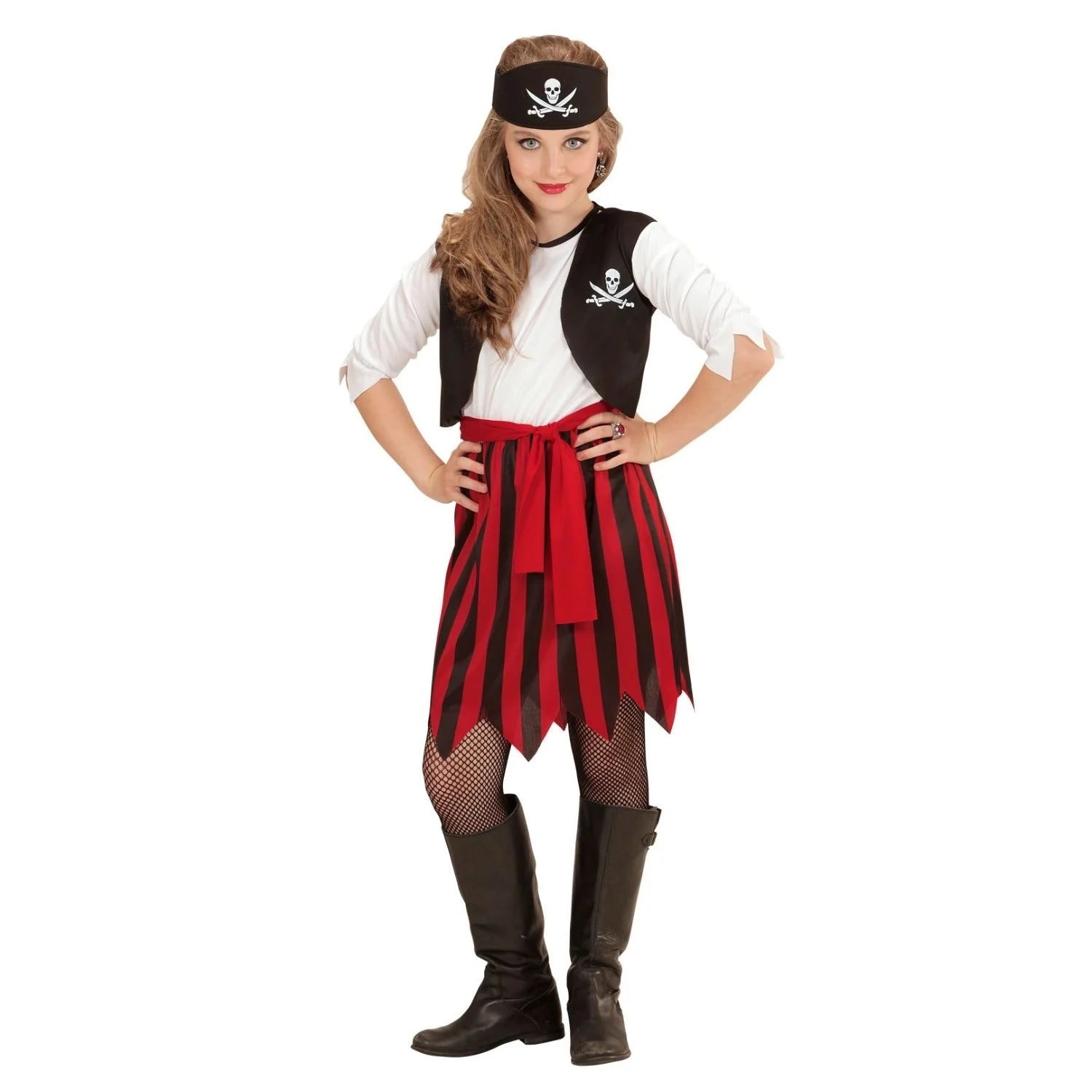 Disfraz de pirata para niña con vestido rojo y negro y pañuelo pirata