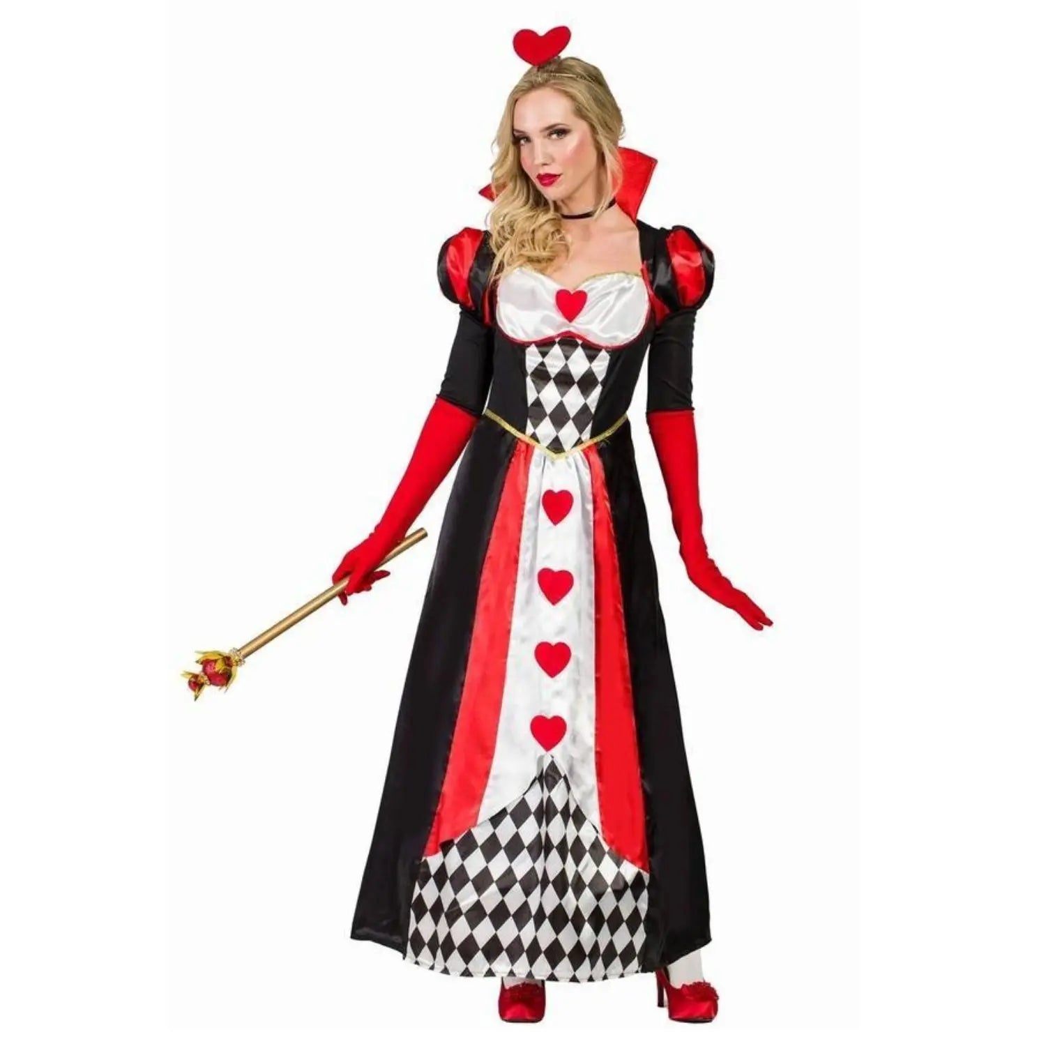 Disfraz de Reina de Corazones para mujer adulta con vestido elegante, gargantilla y guantes
