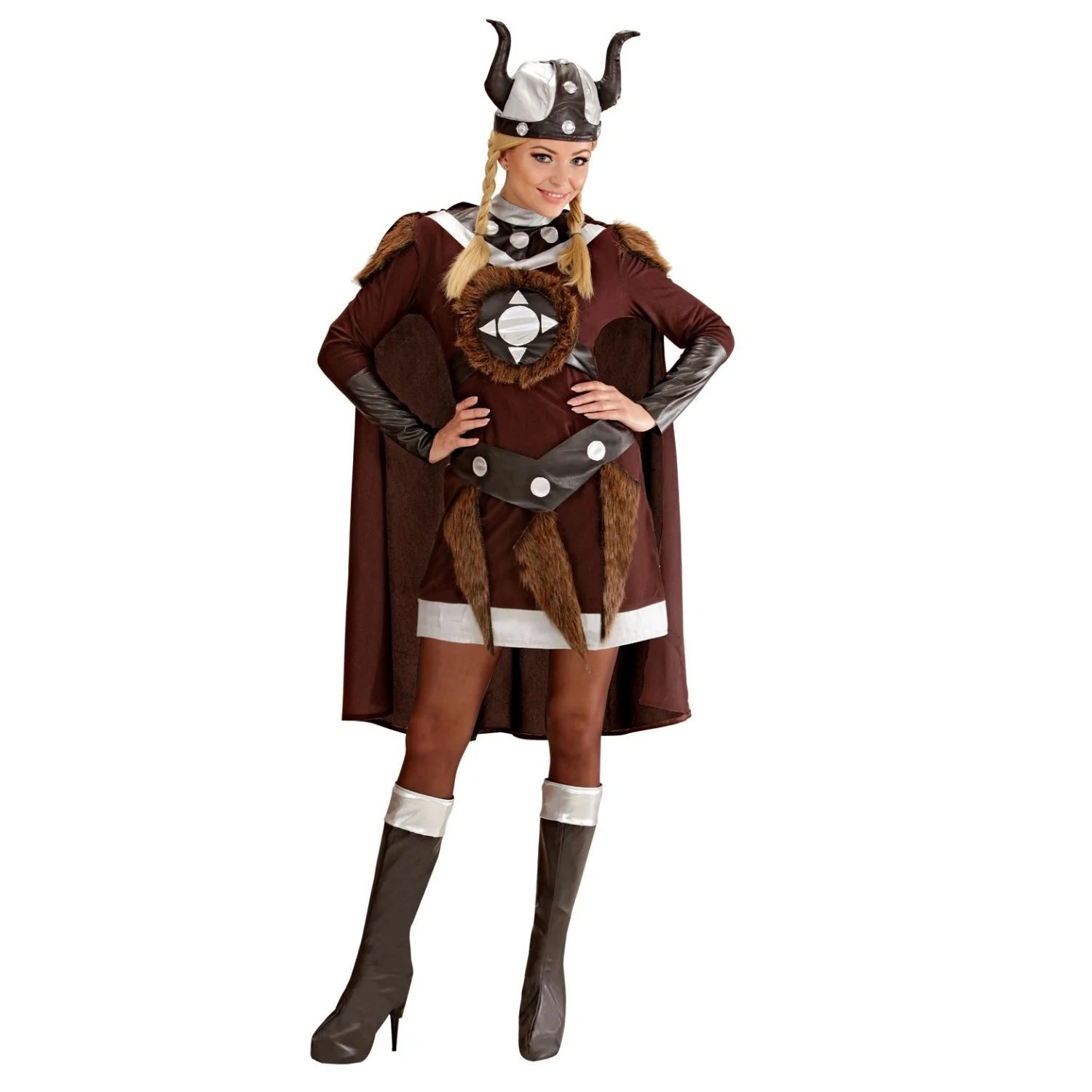 Disfraz de vikinga lujo para mujer con capa y casco con cuernos