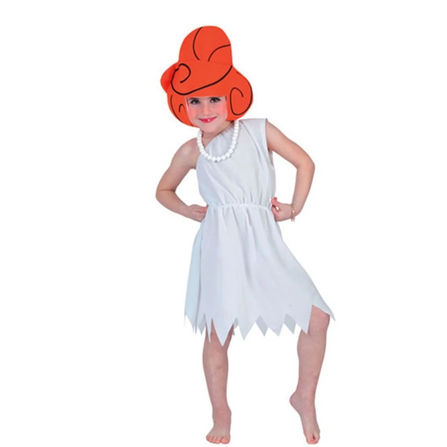 Niña con disfraz infantil de Wilma Picapiedra con vestido blanco y peluca naranja