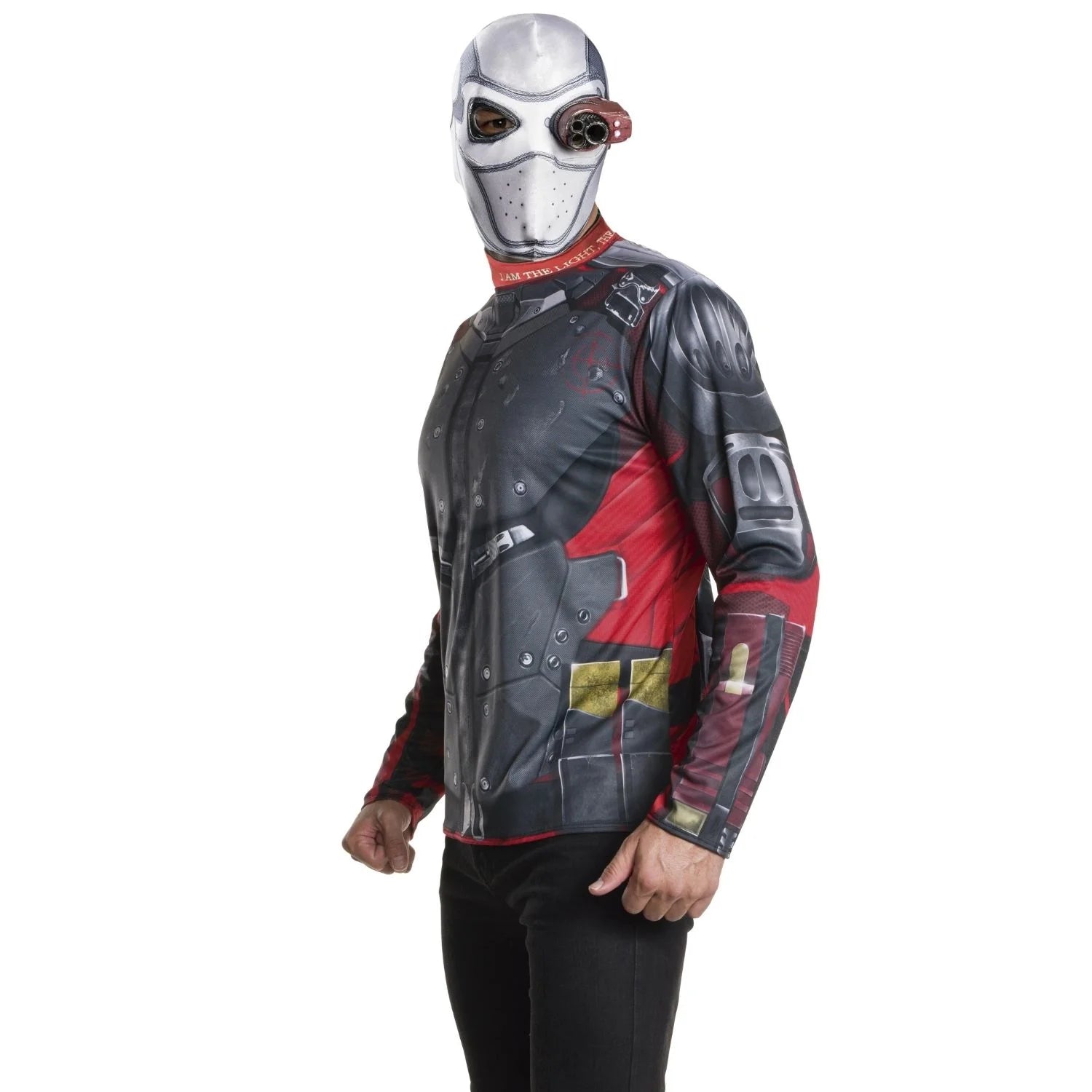 Disfraz Deadshot adulto con camiseta estampada y máscara plateada futurista