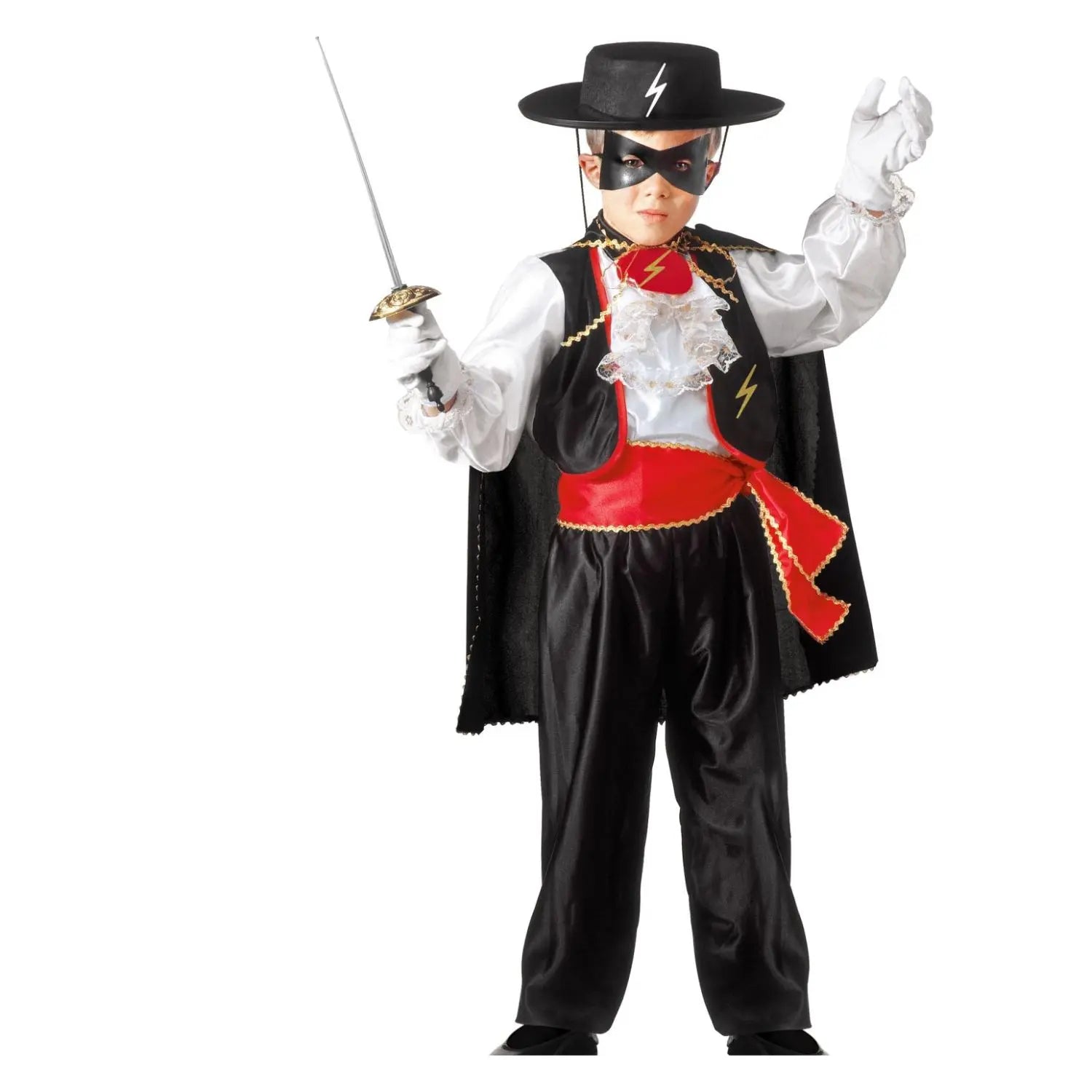 Disfraz del Zorro infantil con camisa, chaleco, pantalón, capa, cinturón y máscara
