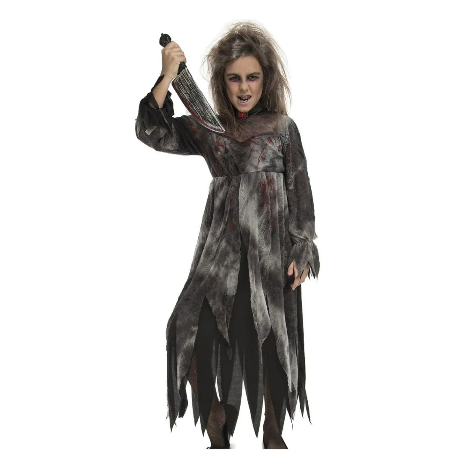 Disfraz demente psicópata niña con vestido oscuro y aspecto terrorífico para Halloween