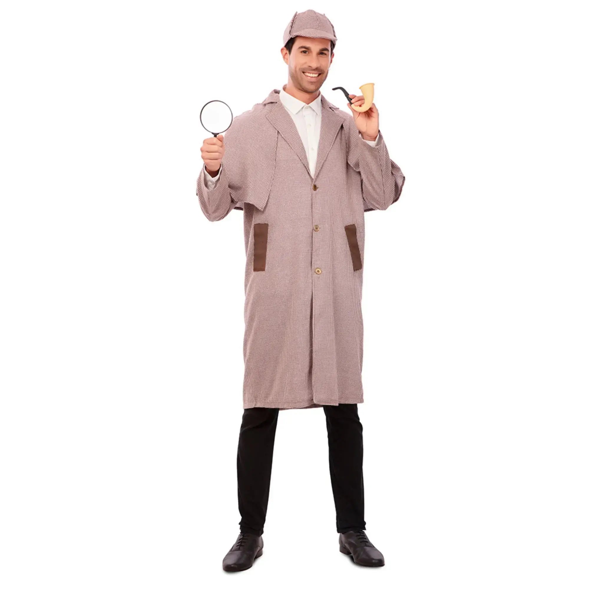 Disfraz de detective adulto estilo Sherlock Holmes con chaqueta capelina y gorro de cuadros marrones ideal para Carnaval