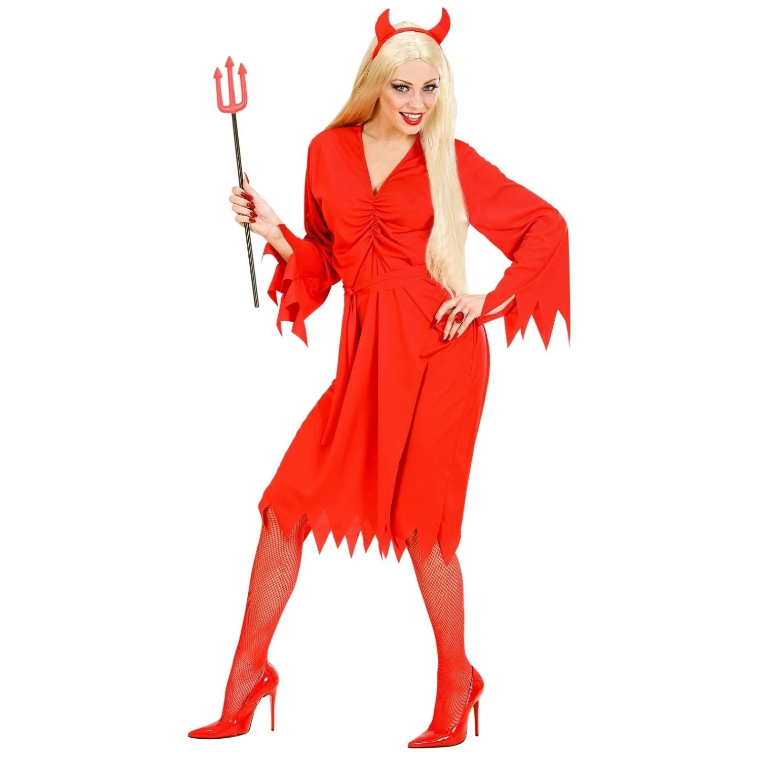 Disfraz diablesa para mujer con vestido rojo, cinturón y diadema de cuernos para Halloween