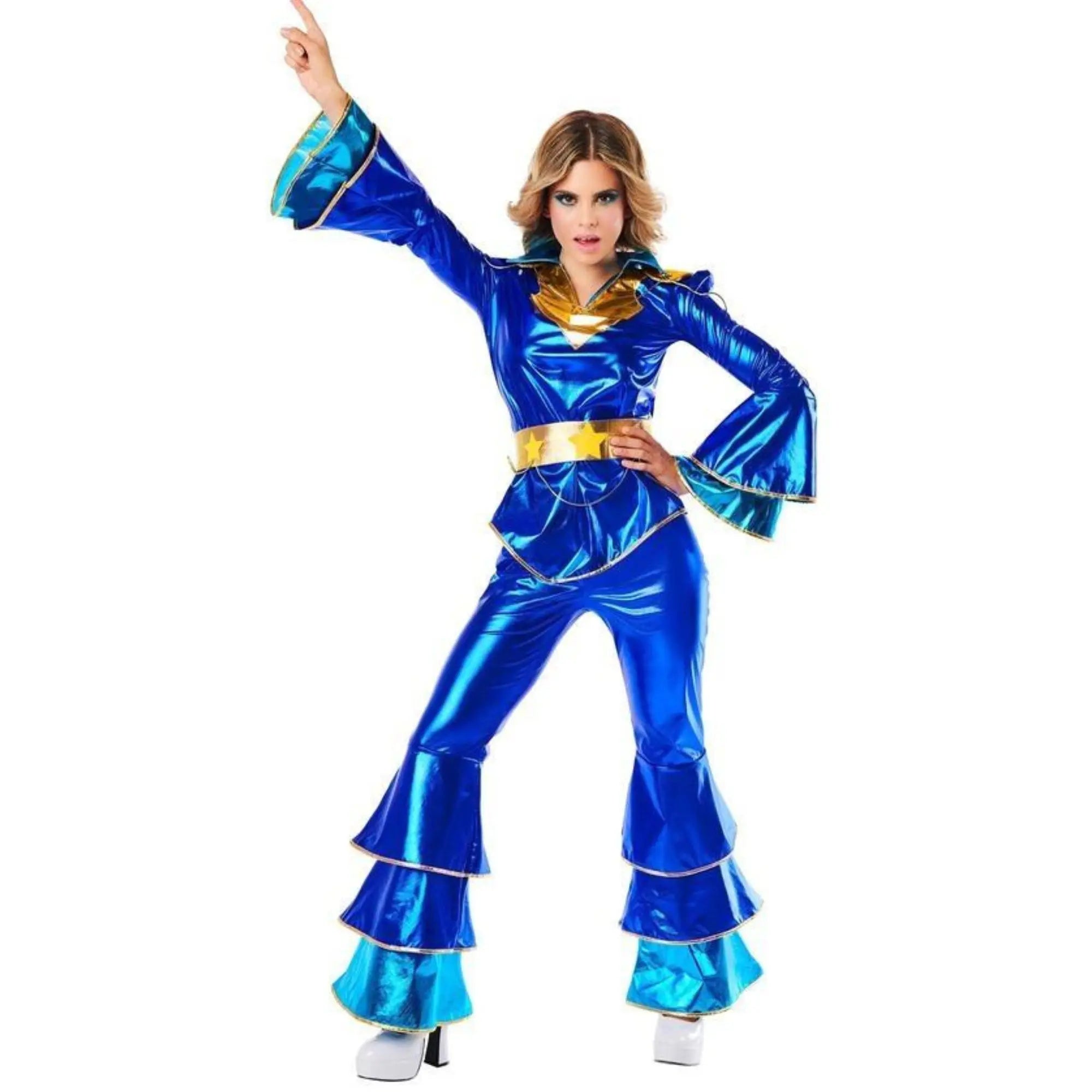 Disfraz disco azul mujer años 70 con camisa pantalón y cinturón estilo retro para Carnaval