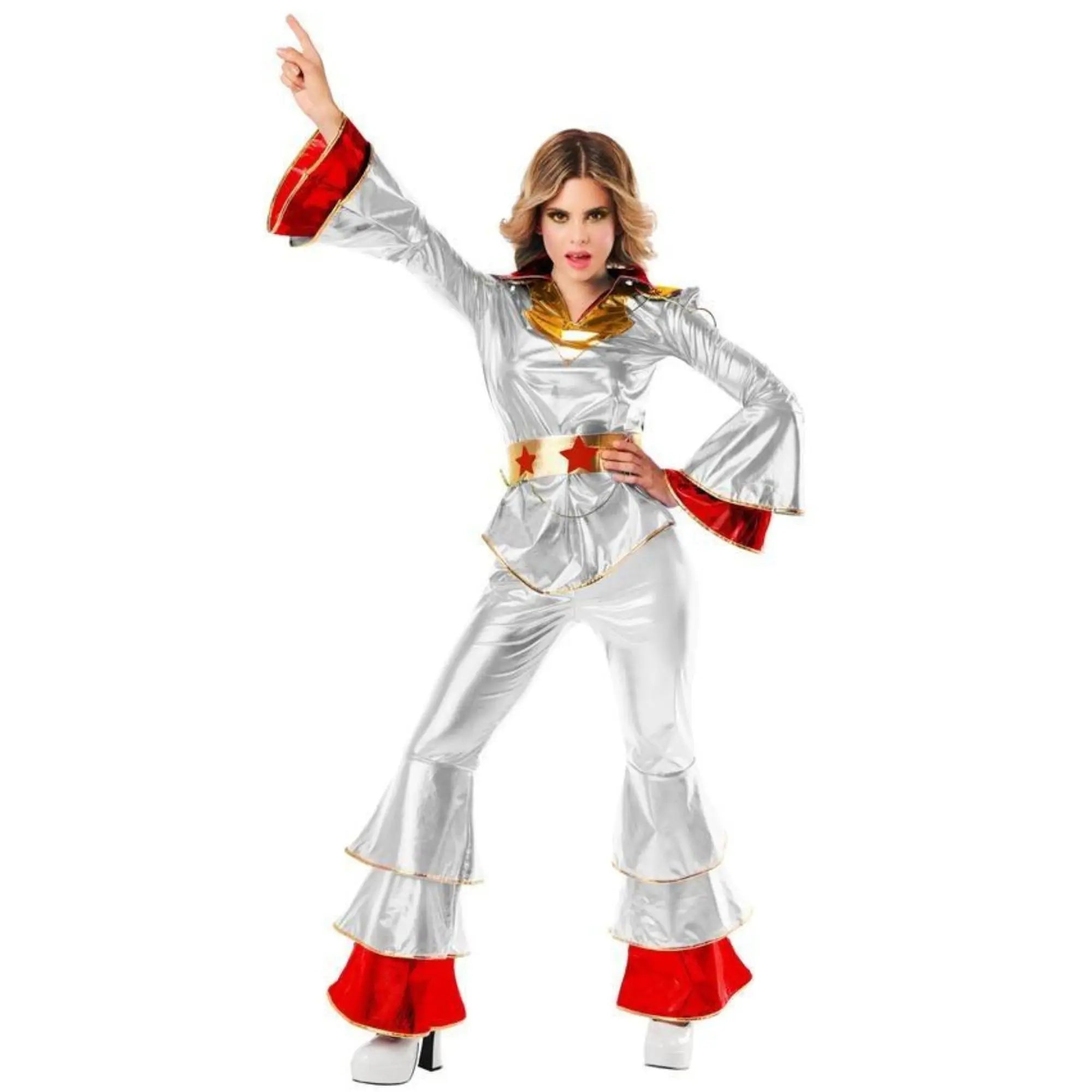 Disfraz de cantante disco plata años 70 para mujer con camisa brillante, pantalón y cinturón retro