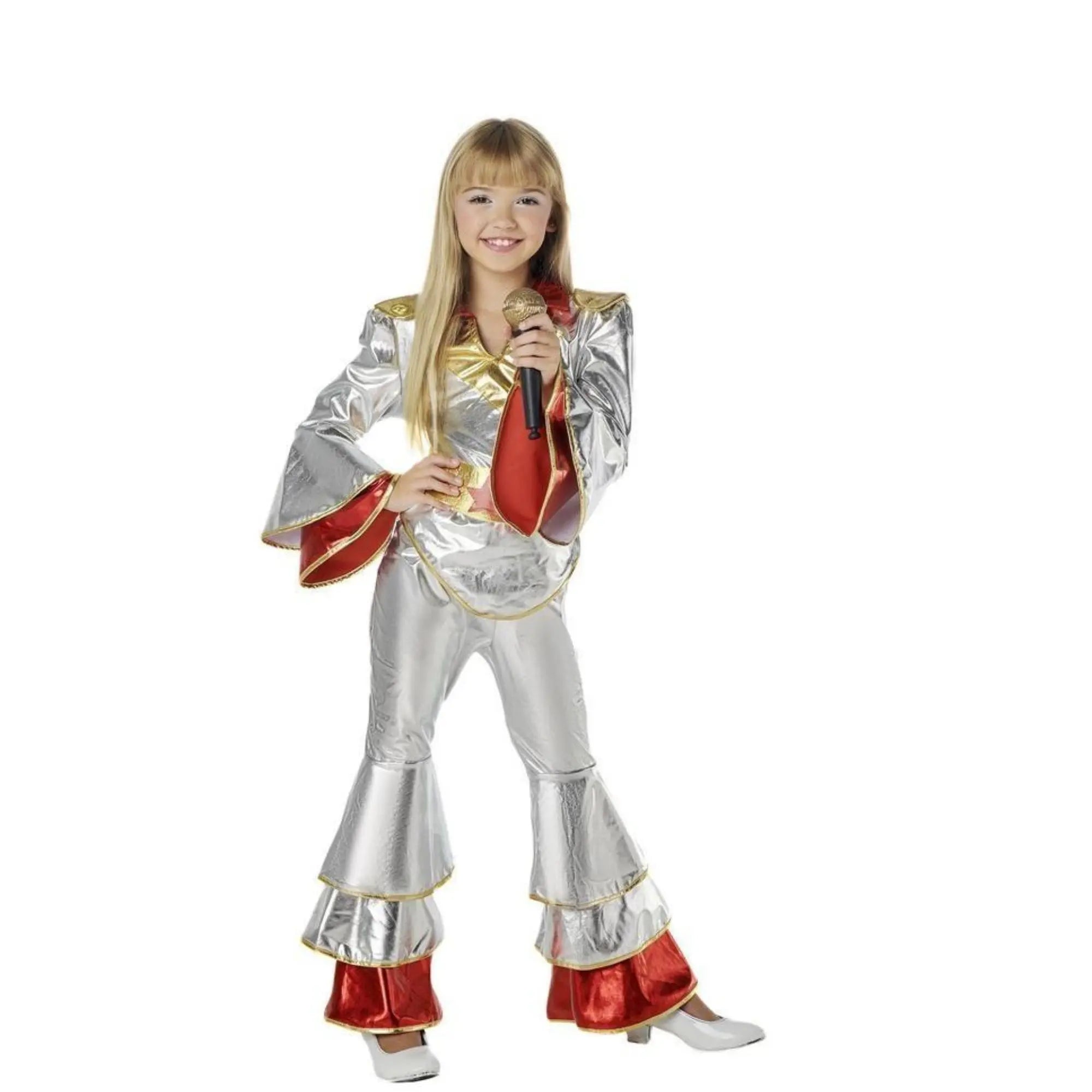 Disfraz de cantante disco plata años 70 para niña con camisa brillante, pantalón acampanado y cinturón retro