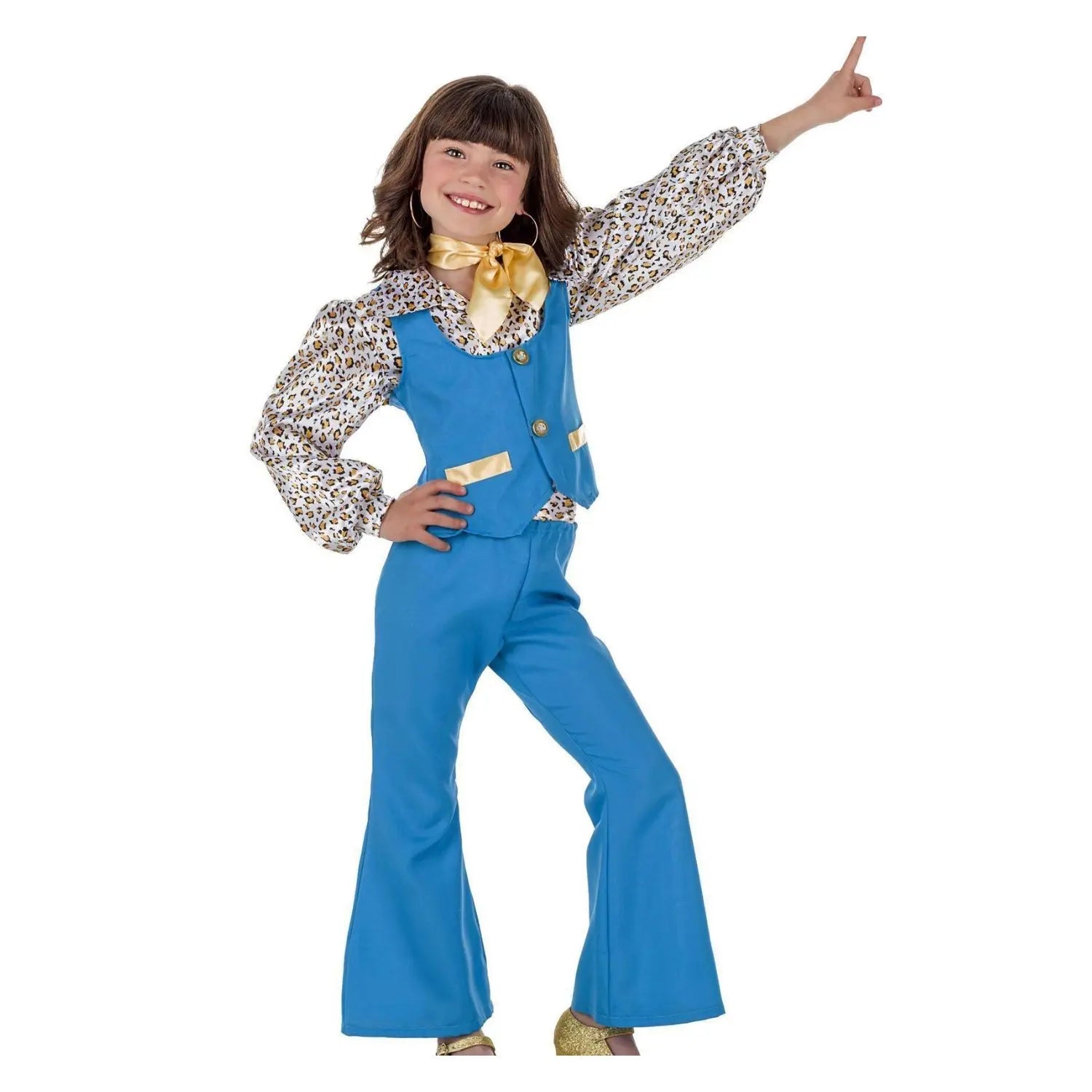 Disfraz de niña años 70 azul con blusa, chaleco y pantalón estilo disco