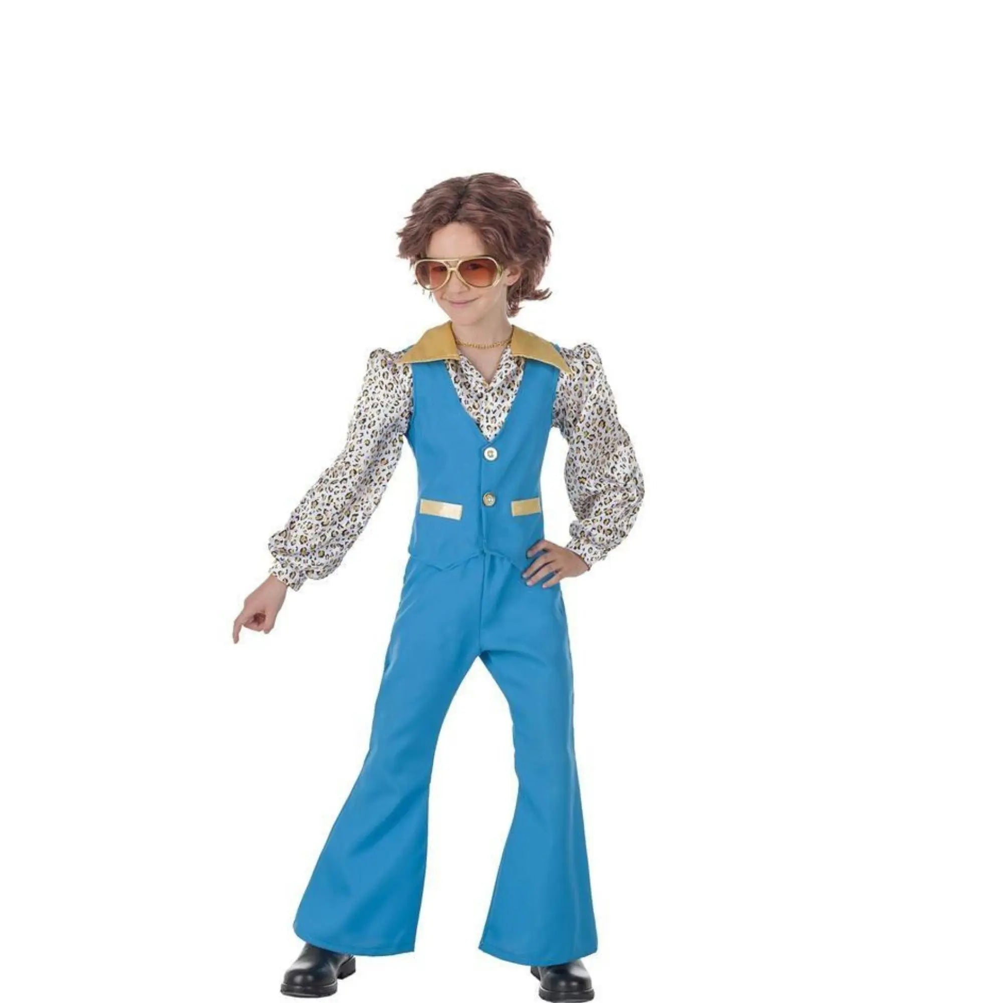 Disfraz de niño años 70 azul con camisa chaleco y pantalón