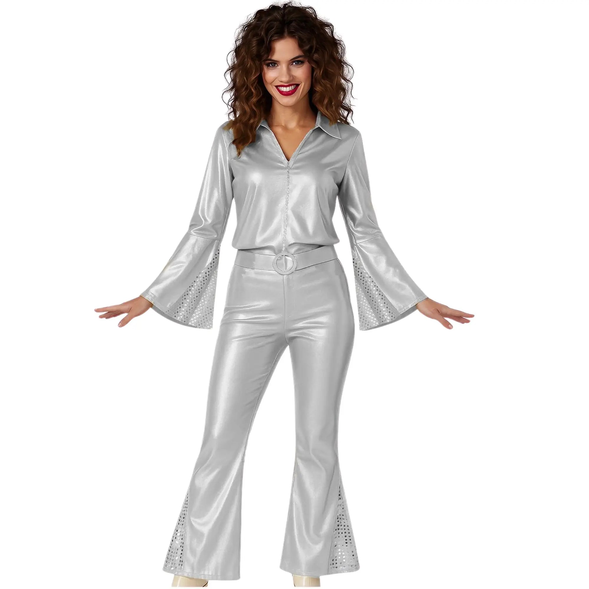 Disfraz disco silver mujer con pantalón brillante, camisa y cinturón estilo años 70 para Carnaval y fiestas temáticas