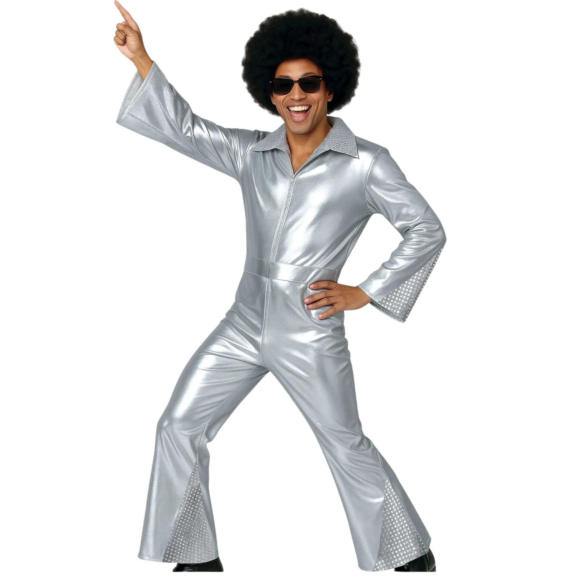Disfraz Disco Silver para hombre con mono plateado y cinturón estilo años 70 para Carnaval y fiestas temáticas
