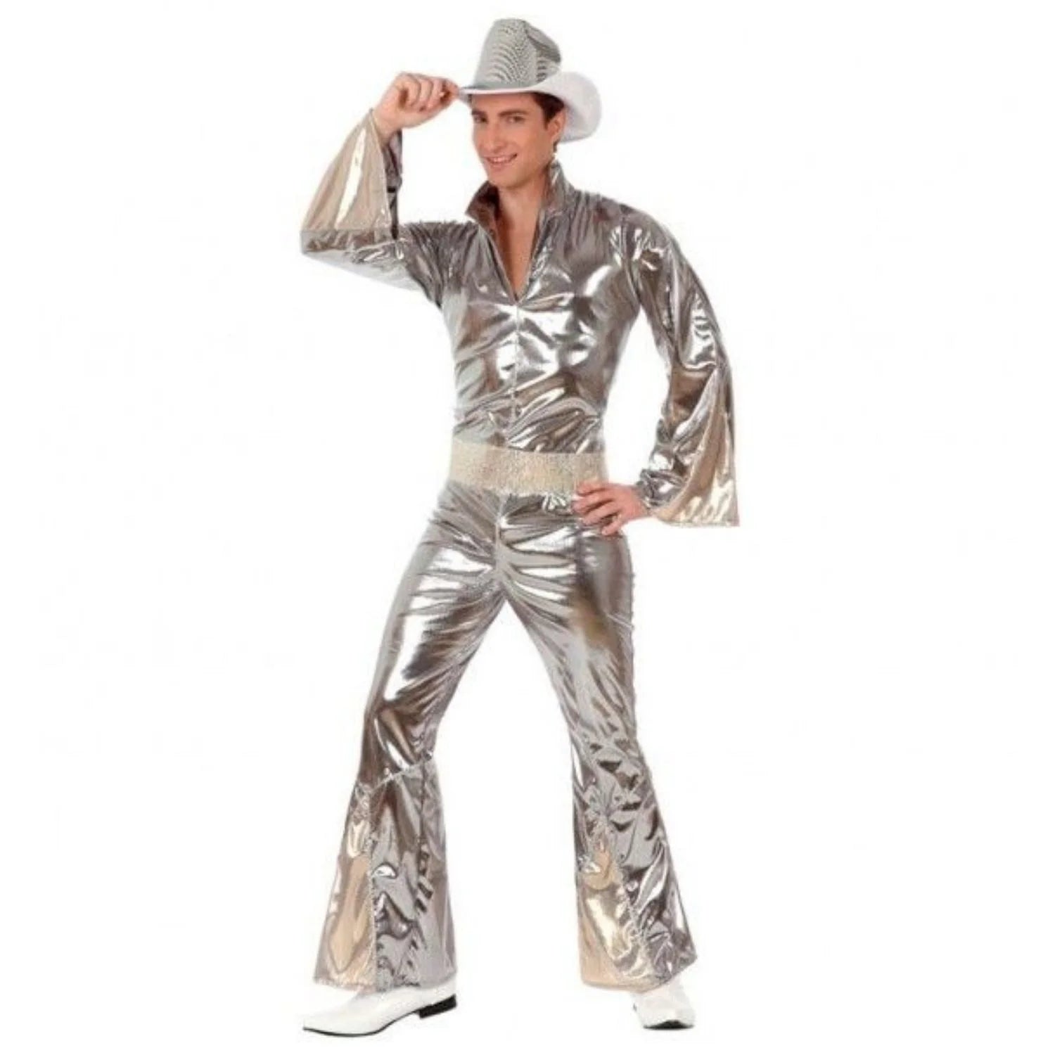 Disfraz disco plateado hombre con mono brillante y cinturón