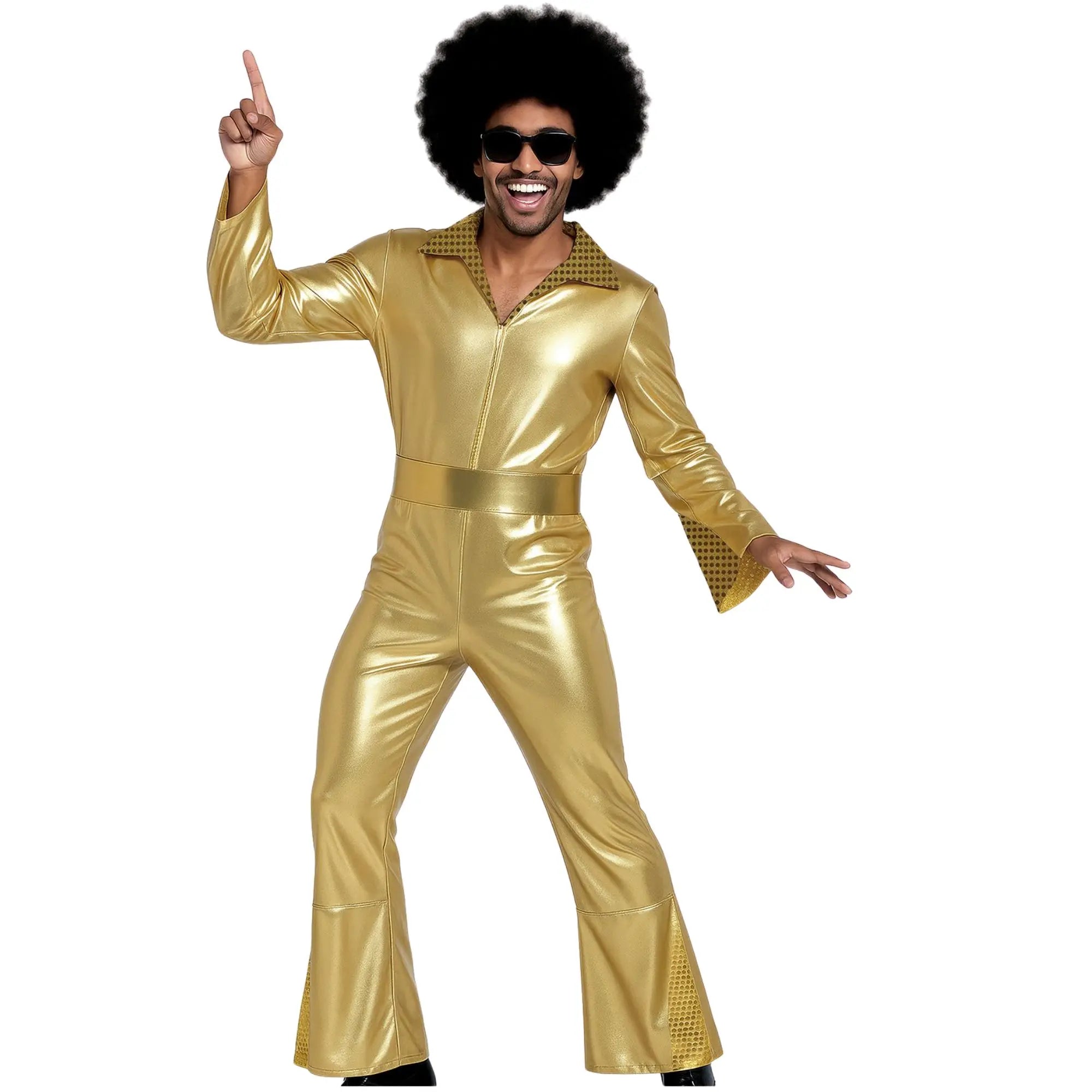 Disfraz disco gold para hombre con mono brillante y cinturón estilo años 70 para Carnaval y fiestas