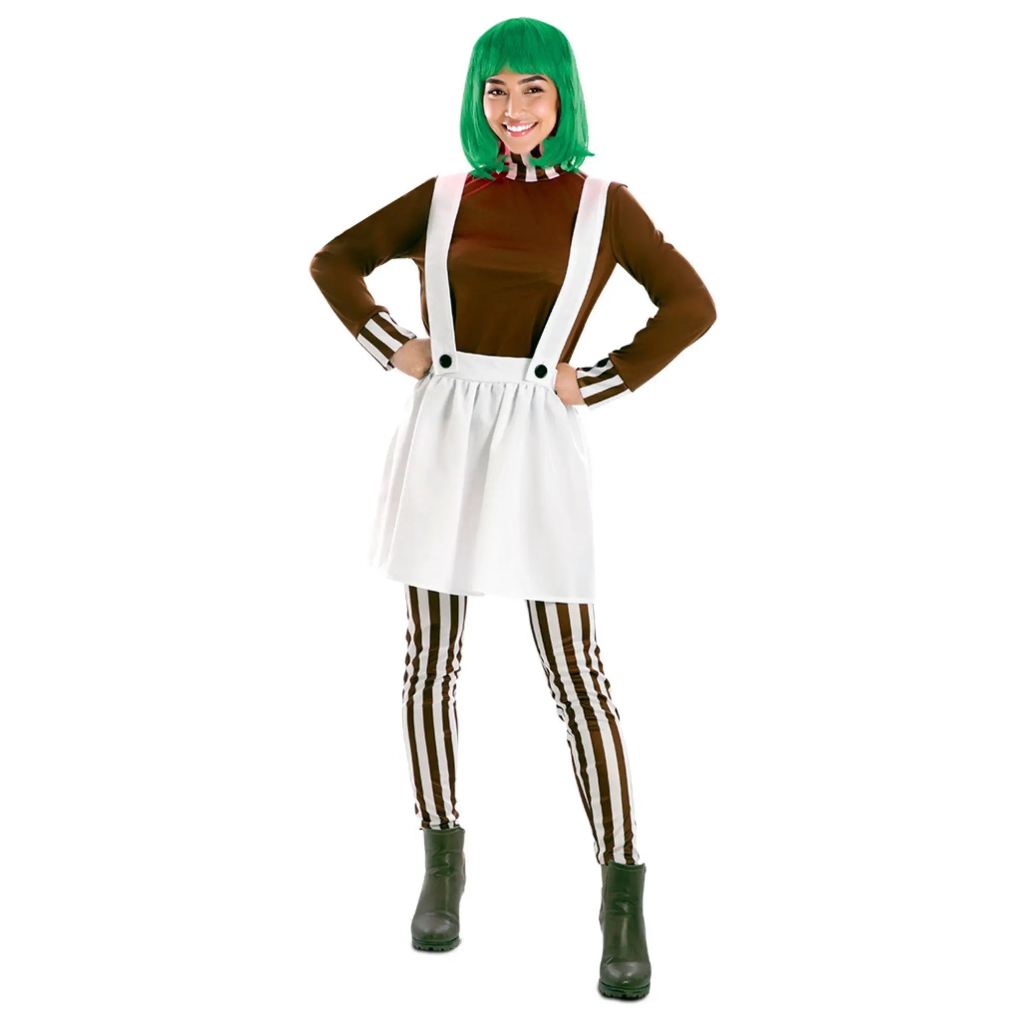 Disfraz de duendecilla dulce para mujer inspirado en Charlie y la fábrica de chocolate con peto falda y leggins a rayas