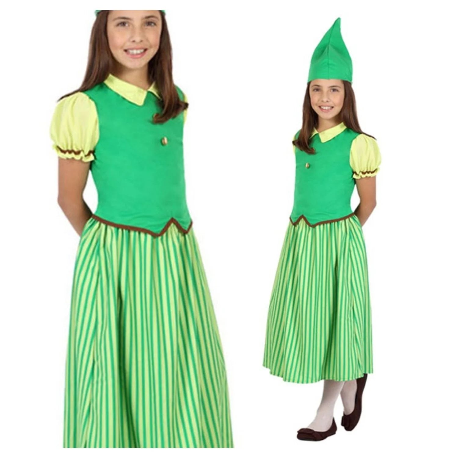 Disfraz duende verde infantil para niña con vestido y gorro