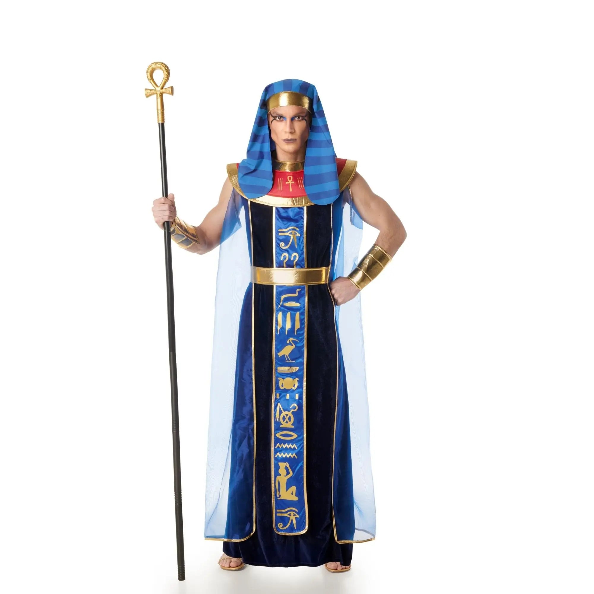 Disfraz de faraón egipcio para hombre en terciopelo azul con capa, tocado y accesorios completos para Carnaval