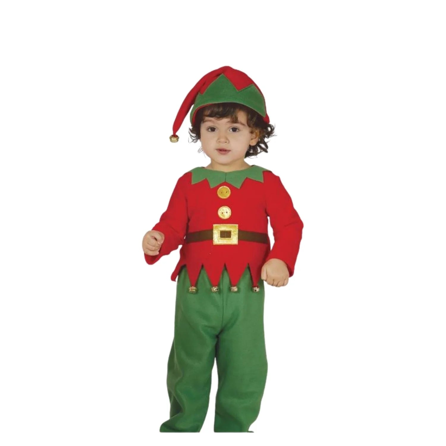 Disfraz de elfo bebé con gorro, pantalón y camisa en colores navideños