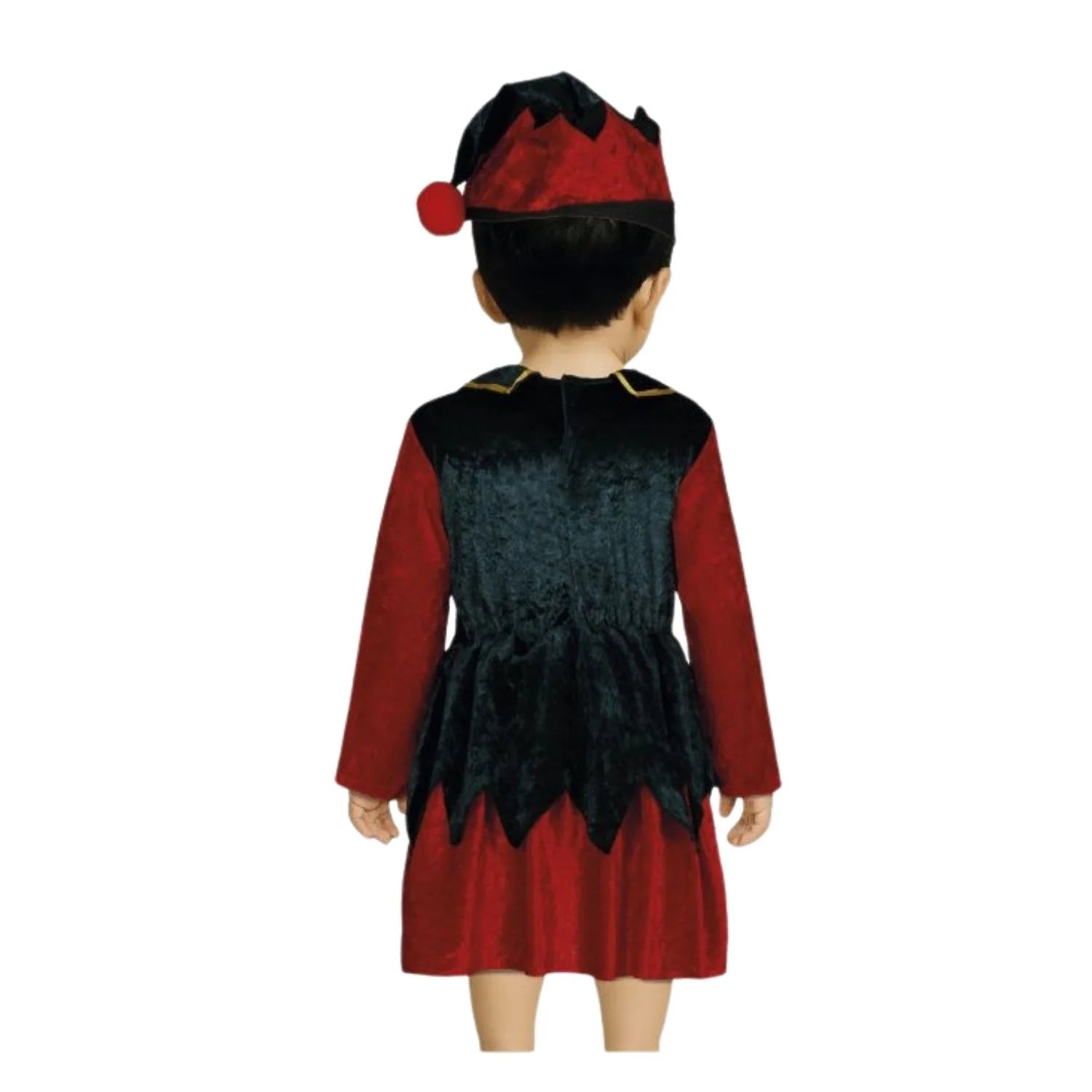 Bebé con disfraz de elfo navideño con falda chaleco y gorro