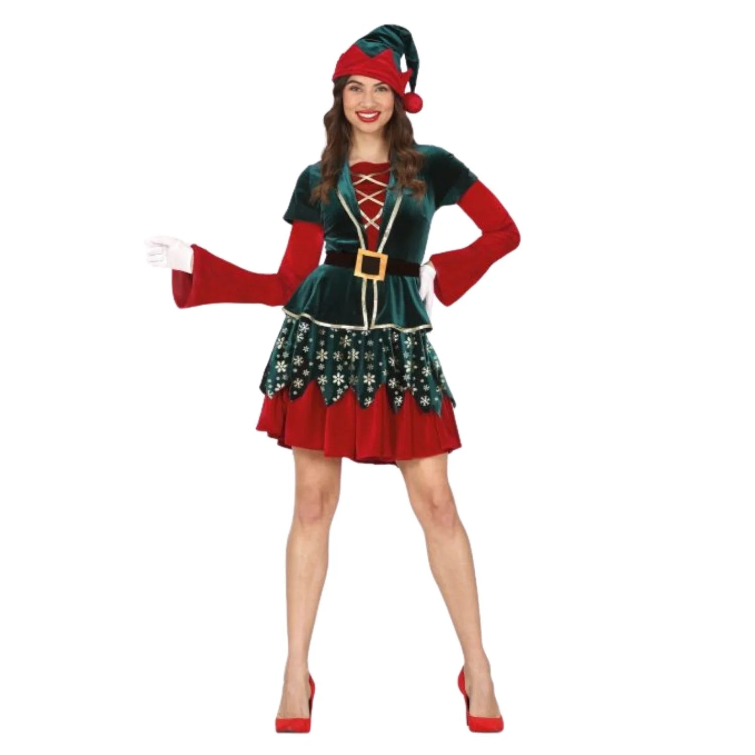 Disfraz de elfo elegante para mujer con vestido, chaleco, cinturón y gorro para Navidad
