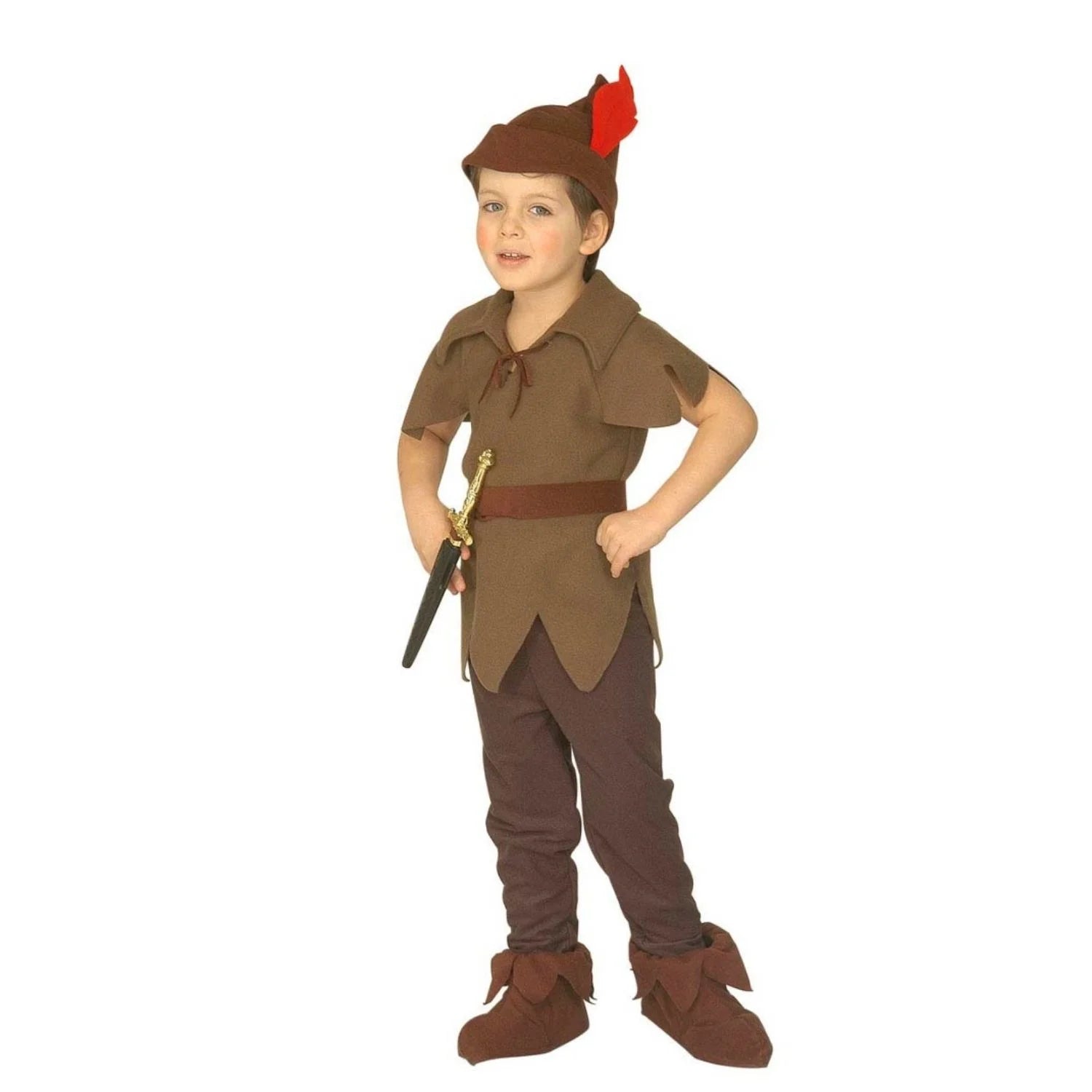 Niño con disfraz de Elfo Marrón infantil compuesto por casaca, pantalón, cinturón, cubrezapatos y sombrero con pluma