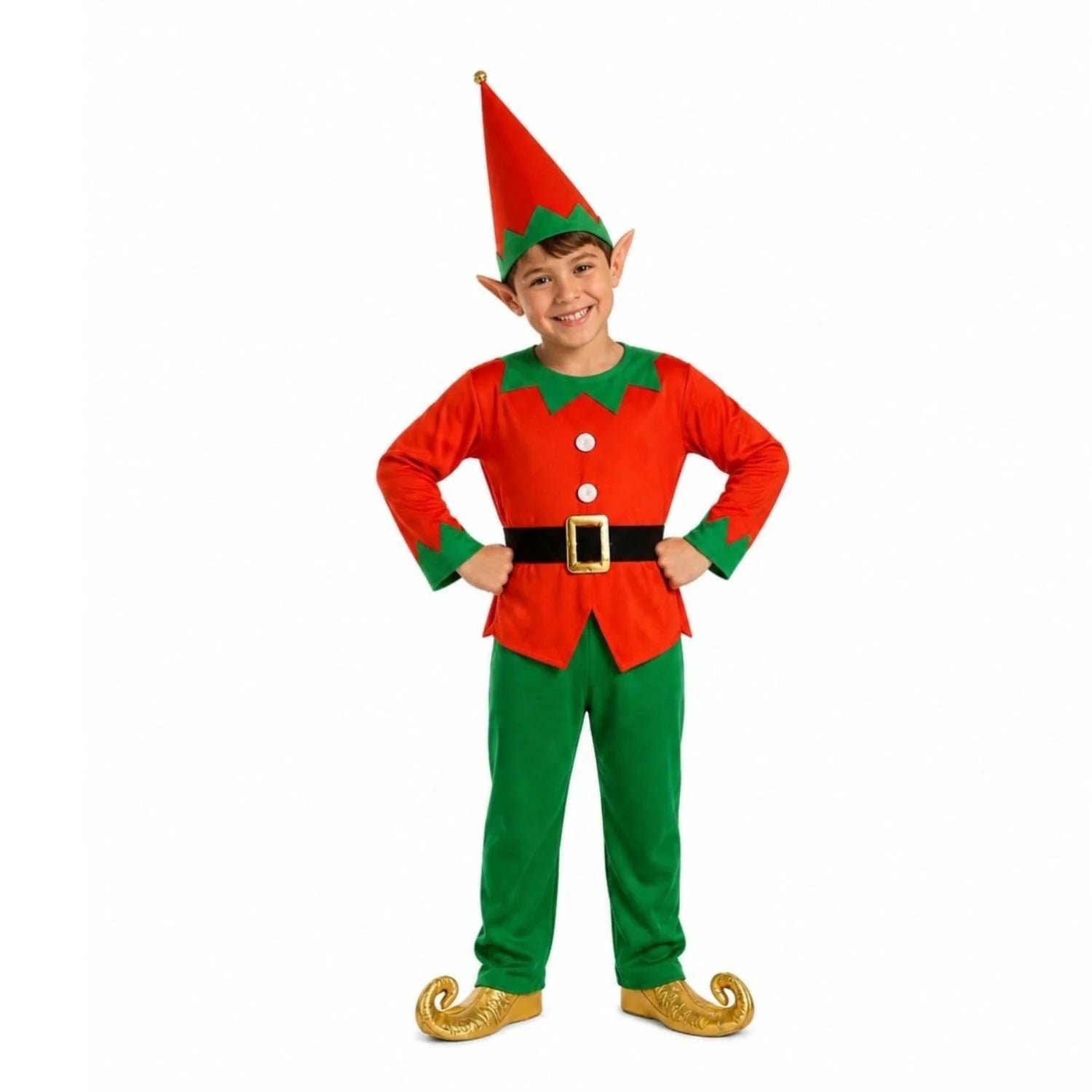 Niño con disfraz Elfo navideño rojo y verde para Navidad