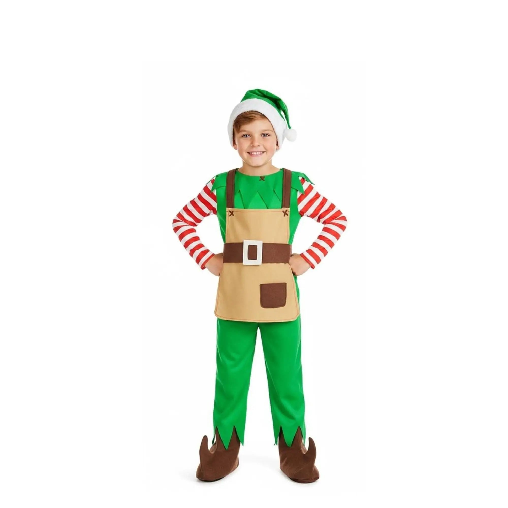 Disfraz de elfo de Navidad para niño con mono, gorro y cubrebotas