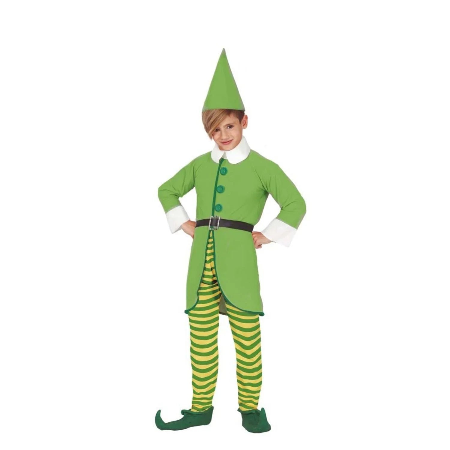 Niño con disfraz de elfo verde y amarillo con gorro, camisa, cinturón y pantalón