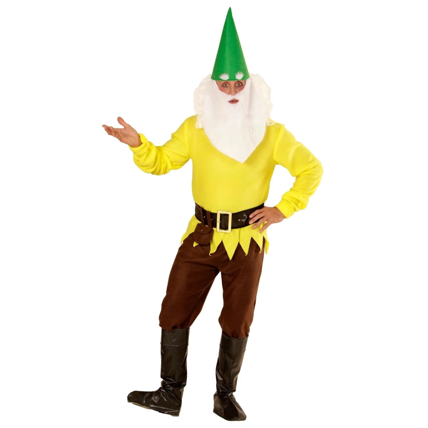 Disfraz Enanito Amarillo adulto con barba, gorro verde y cinturón para Carnaval
