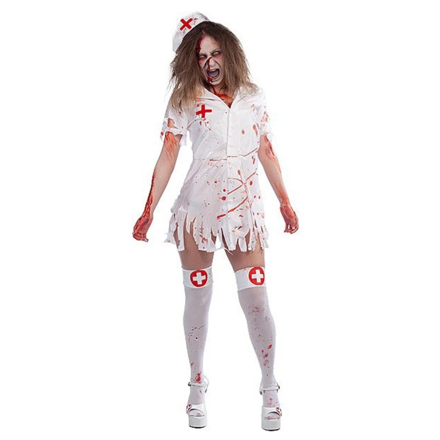 Disfraz enfermera zombie mujer con vestido, medias y cofia para Halloween