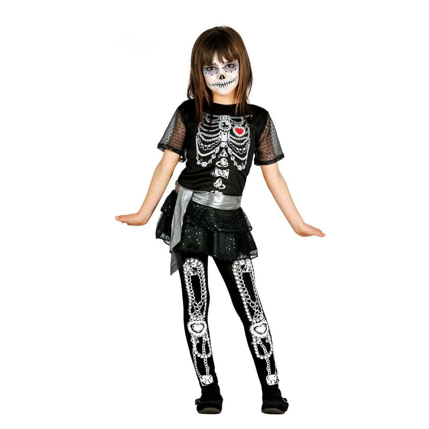 N
Disfraz esqueleto brillante niña con vestido y pantys para Halloween
