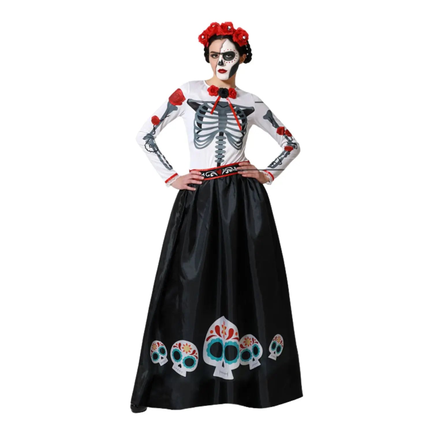Disfraz esqueleto colores mujer con vestido y cinturón