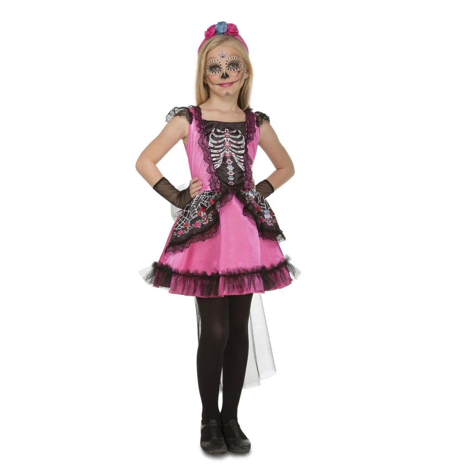 Disfraz Esqueleto Damisela para niña con vestido rosa y negro estilo catrina